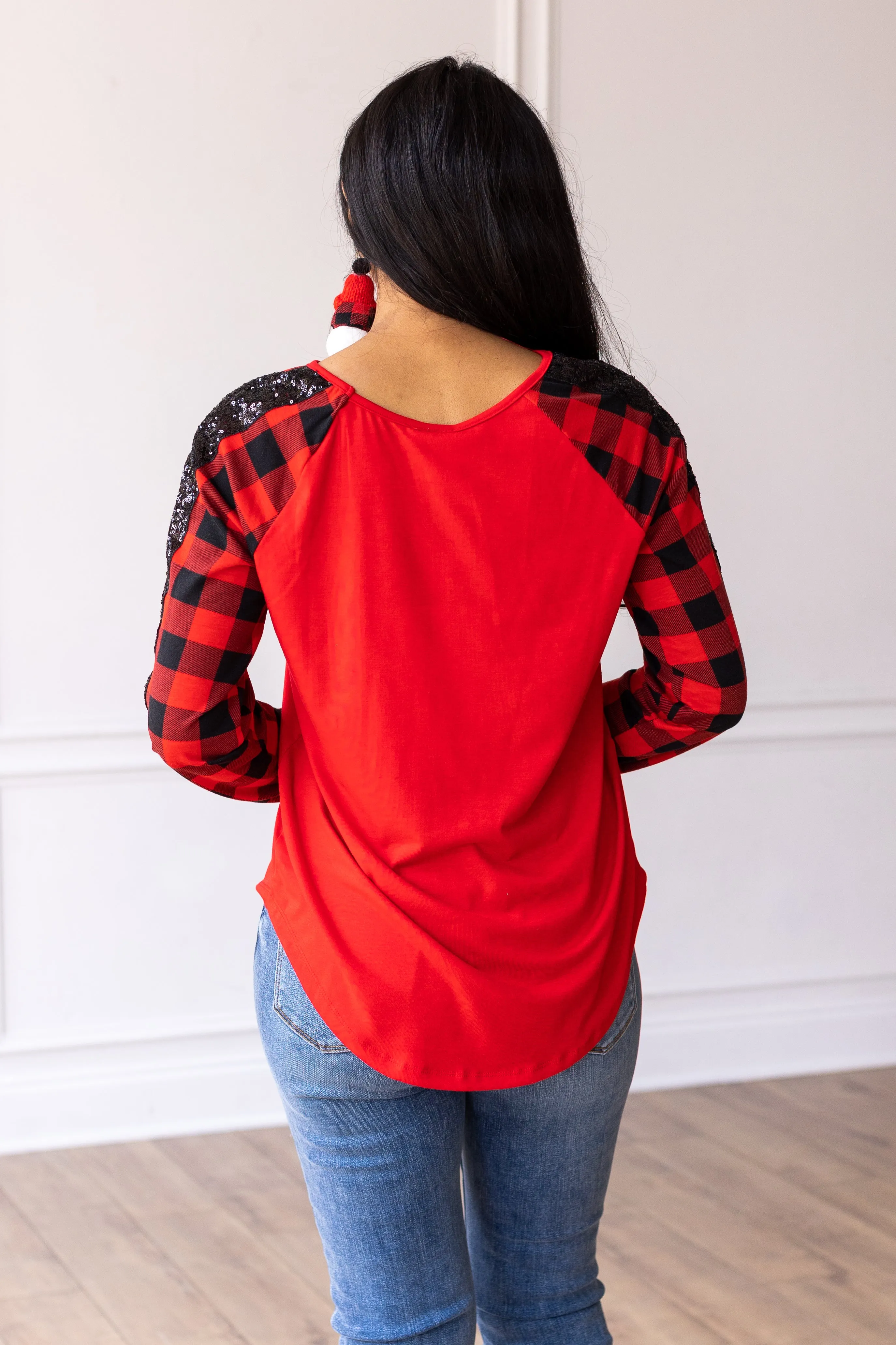 Red Top with Buffalo Plaid Raglan Sleeves