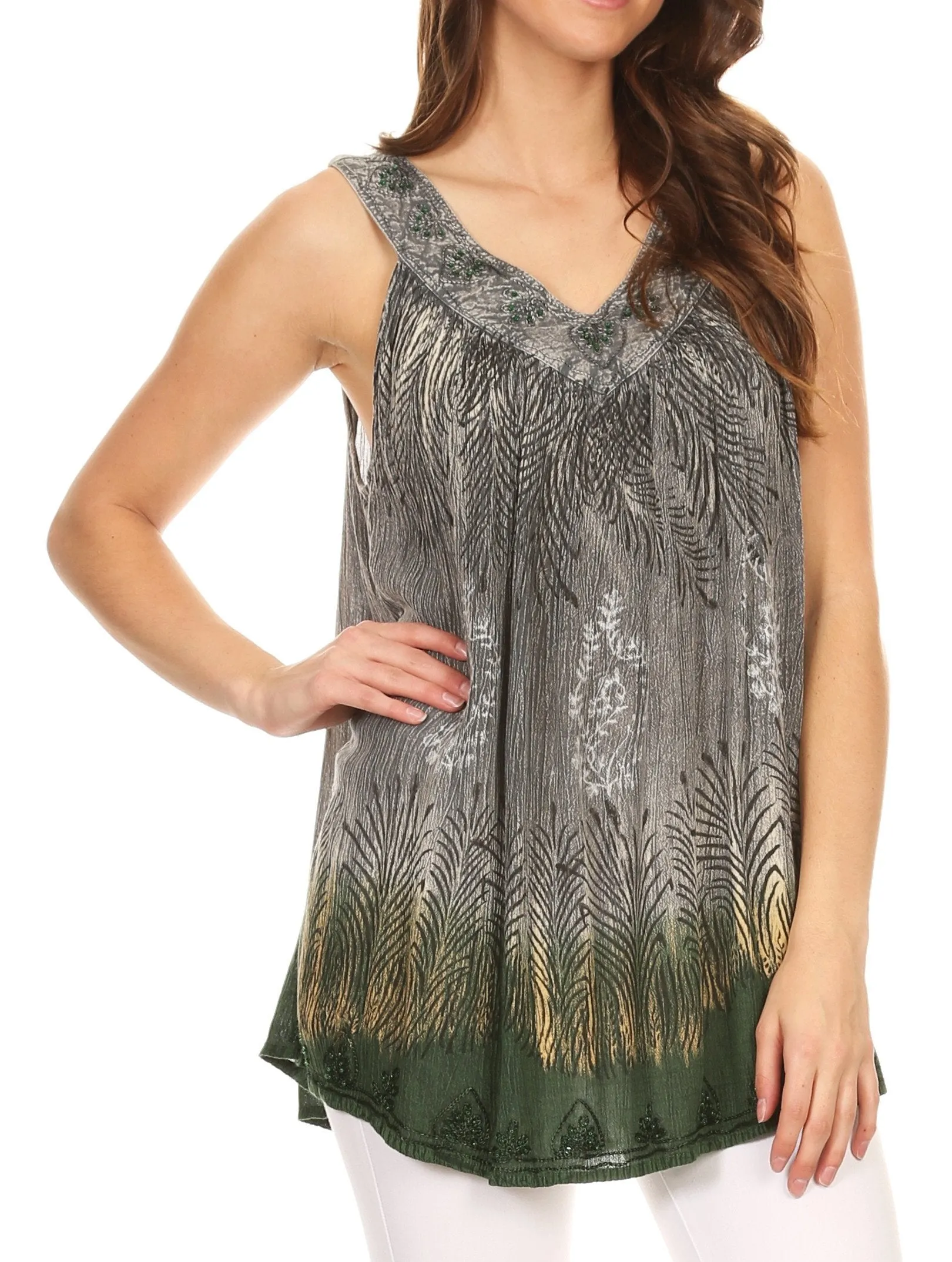 Sakkas Anaya V Neck Stonewash Embellished Crinkled Two Tone SleevelessTank Top