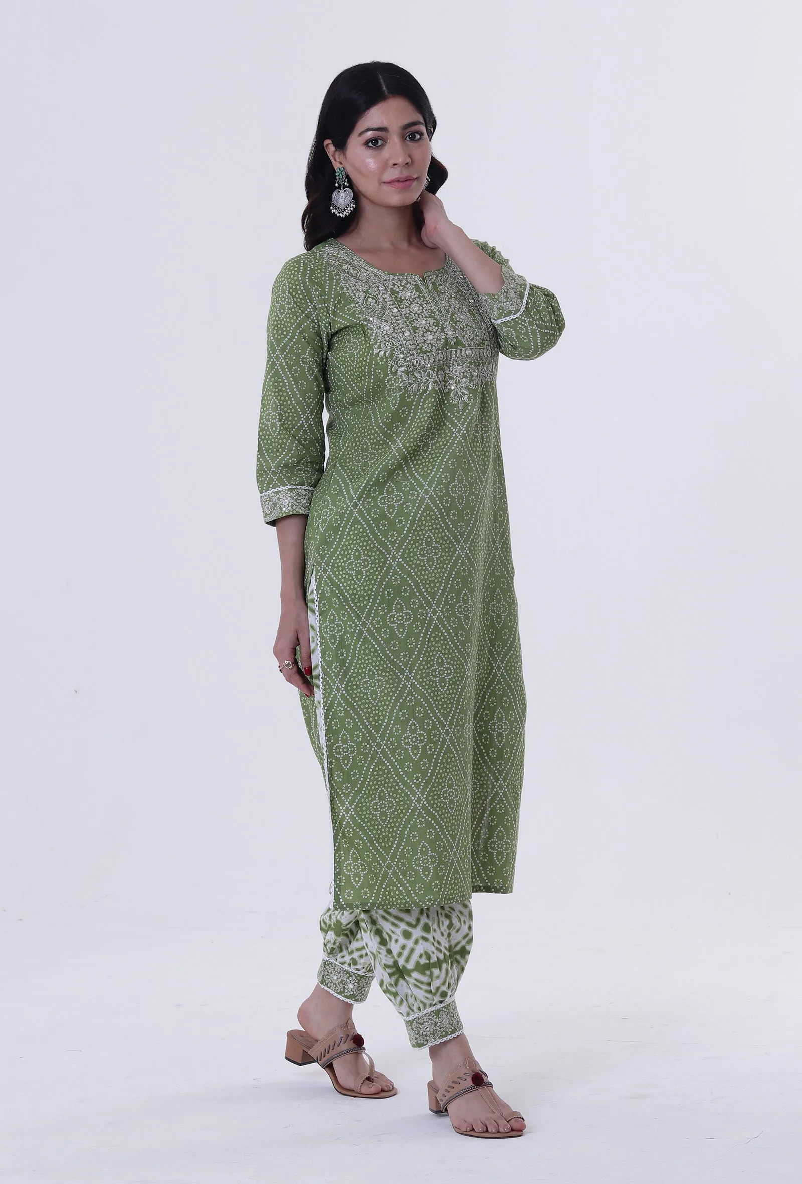 Set Of 2: Green & White Color Cotton Block Printed Kurta & Pant