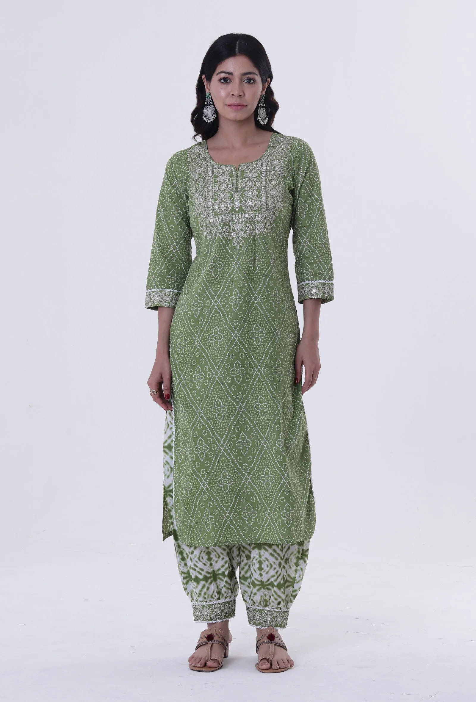 Set Of 2: Green & White Color Cotton Block Printed Kurta & Pant