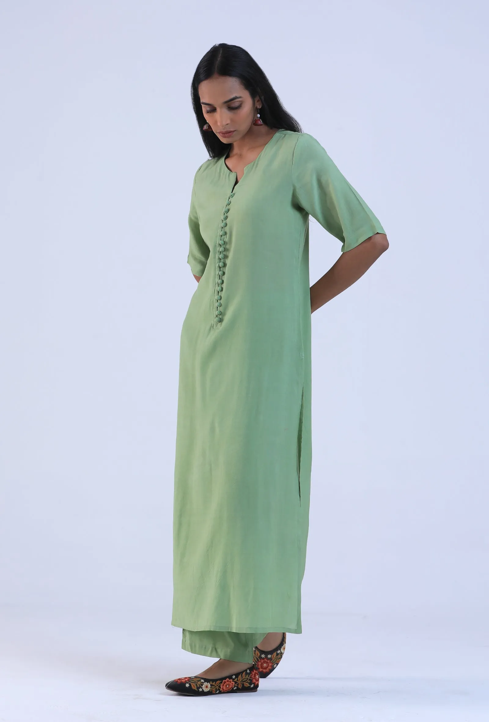 Set Of 2: Green Cotton Kurta with Pant Set