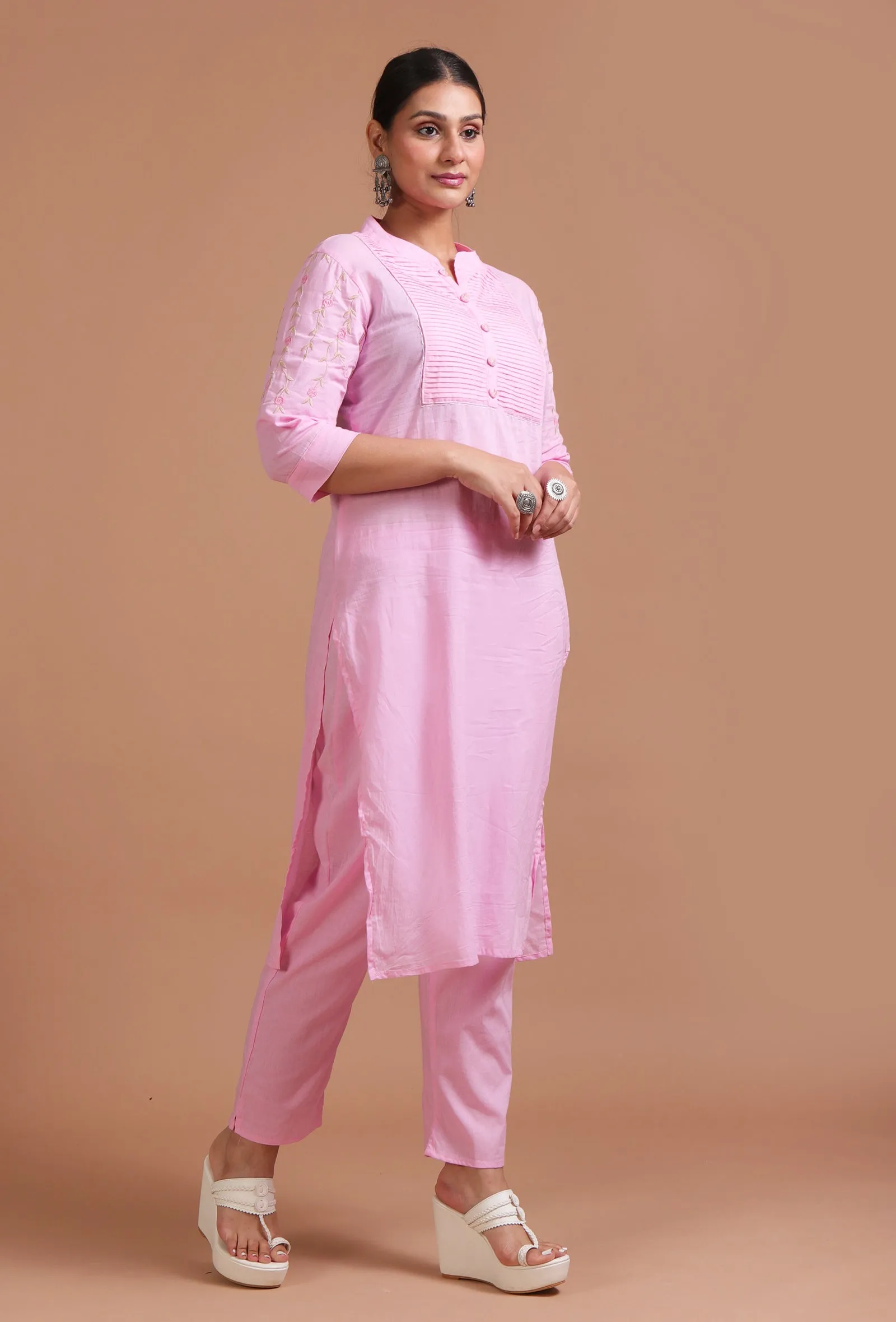 Set Of 2: Light Pink Cotton Embroidered Kurta & Pant Set