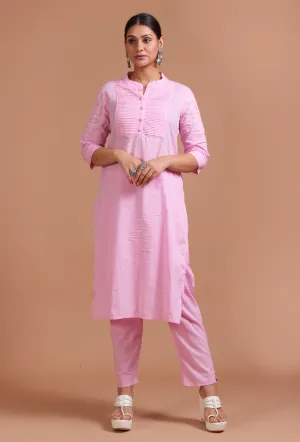 Set Of 2: Light Pink Cotton Embroidered Kurta & Pant Set