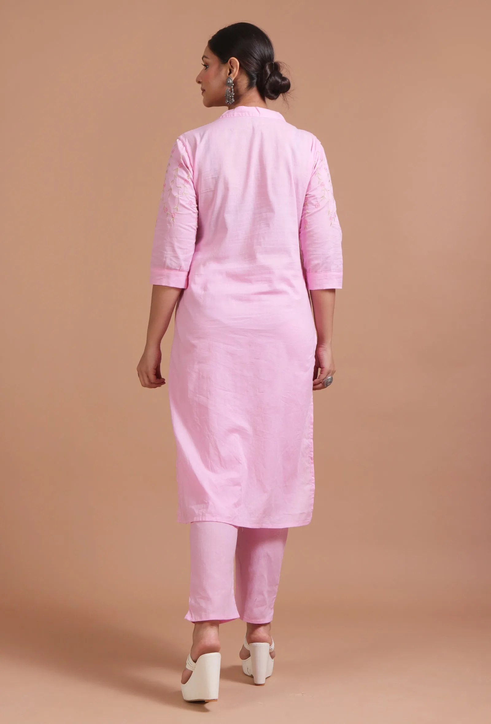 Set Of 2: Light Pink Cotton Embroidered Kurta & Pant Set