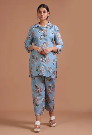 Set Of 2: Sky Blue Cotton Digital Printed Kurta & Pant Set