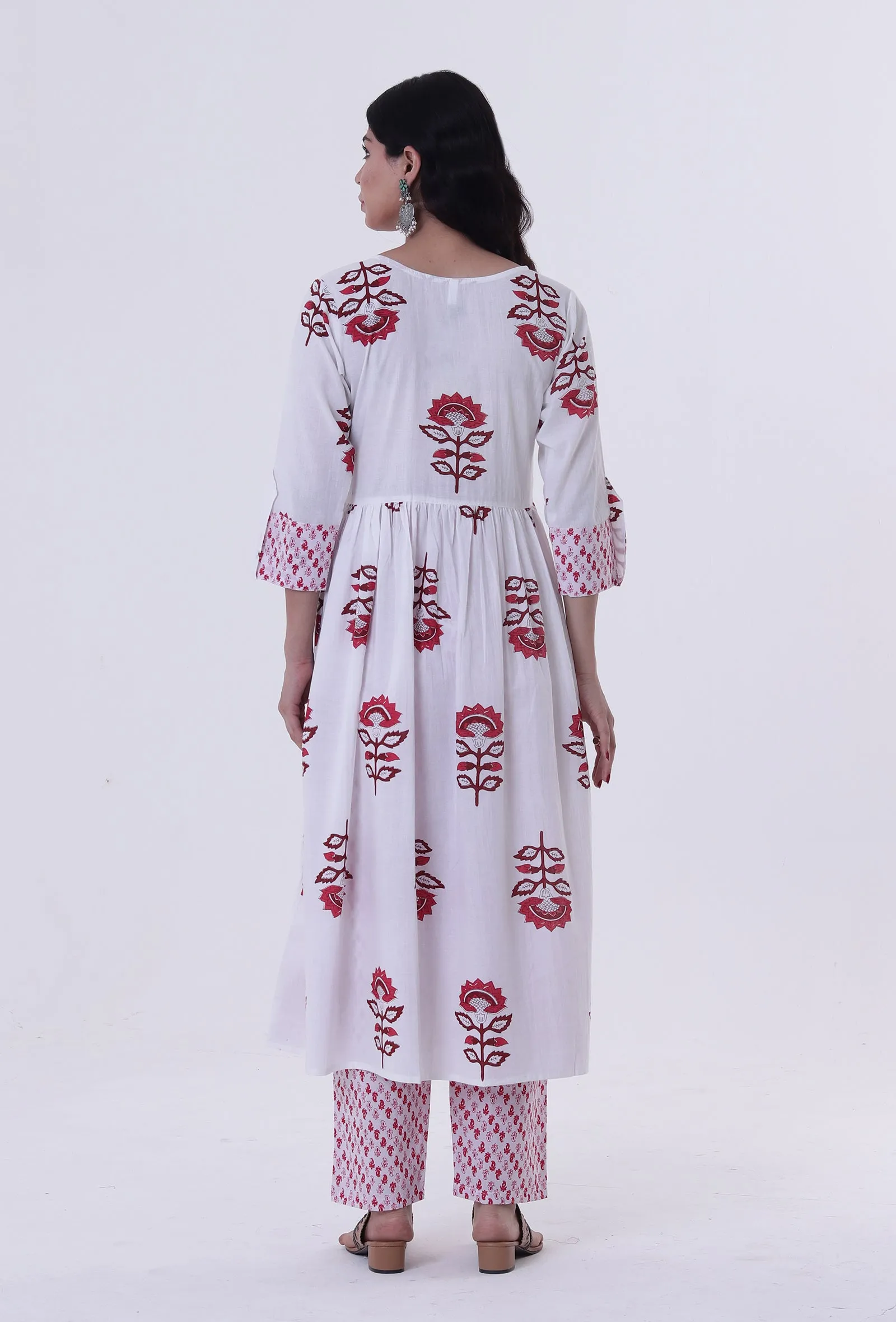 Set Of 2: White Cotton Block Printed With Red Motif Kurta & Pant