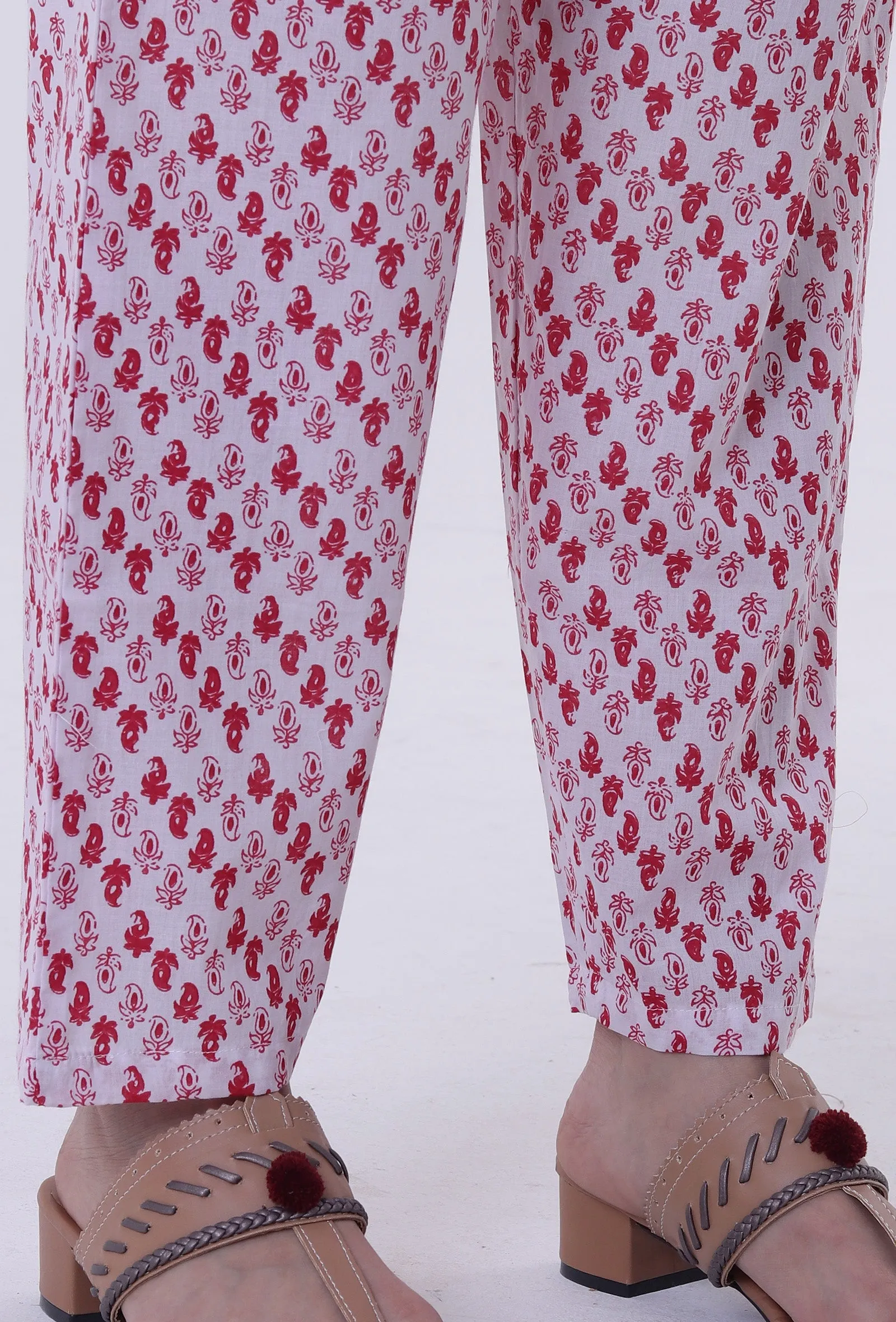 Set Of 2: White Cotton Block Printed With Red Motif Kurta & Pant