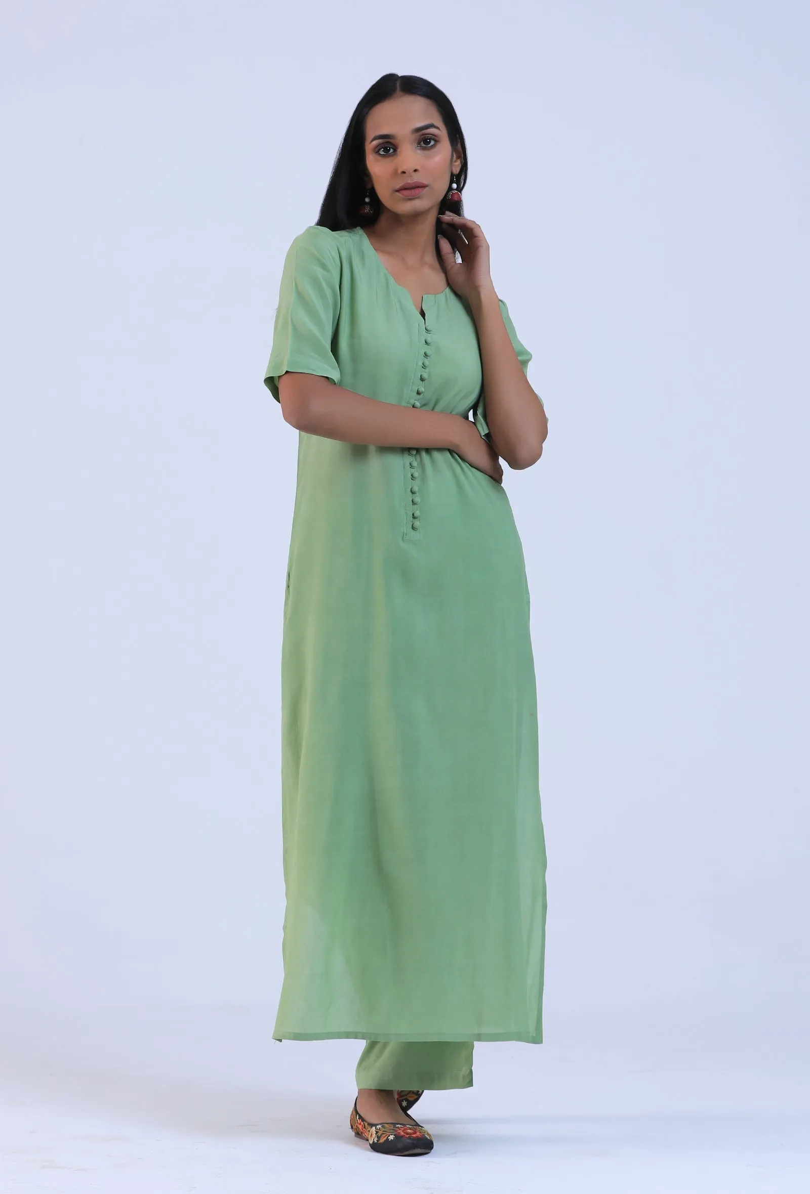 Set Of 3: Green Cotton Kurta with Pant & Dupatta Set