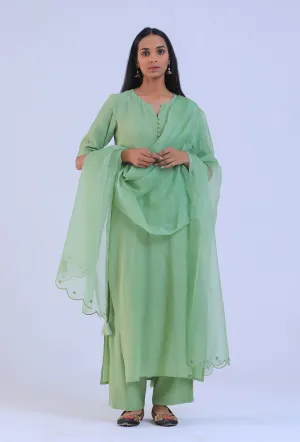 Set Of 3: Green Cotton Kurta with Pant & Dupatta Set