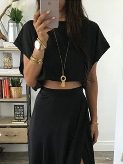 Sets Casual T-Shirt & Slit Skirt Two Piece Set for Women