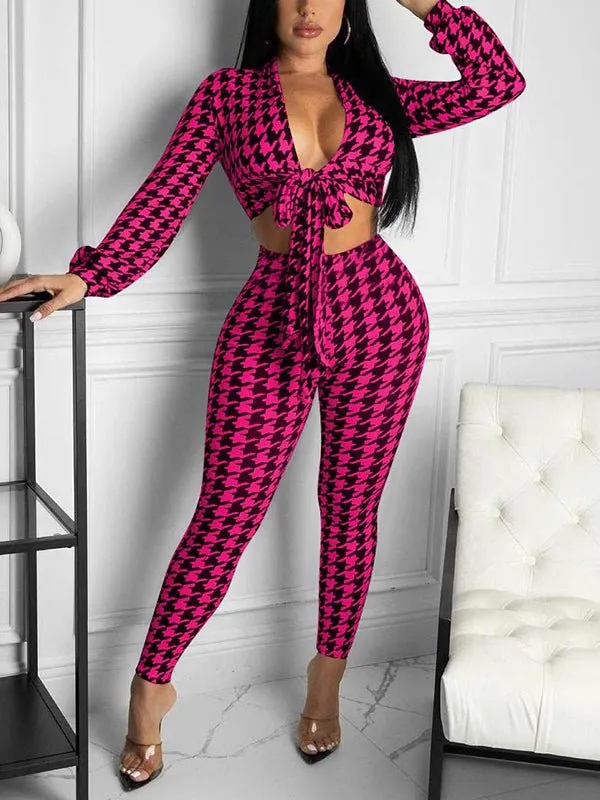 Sets Elegant Slim Houndstooth Print Two-piece Set for Women