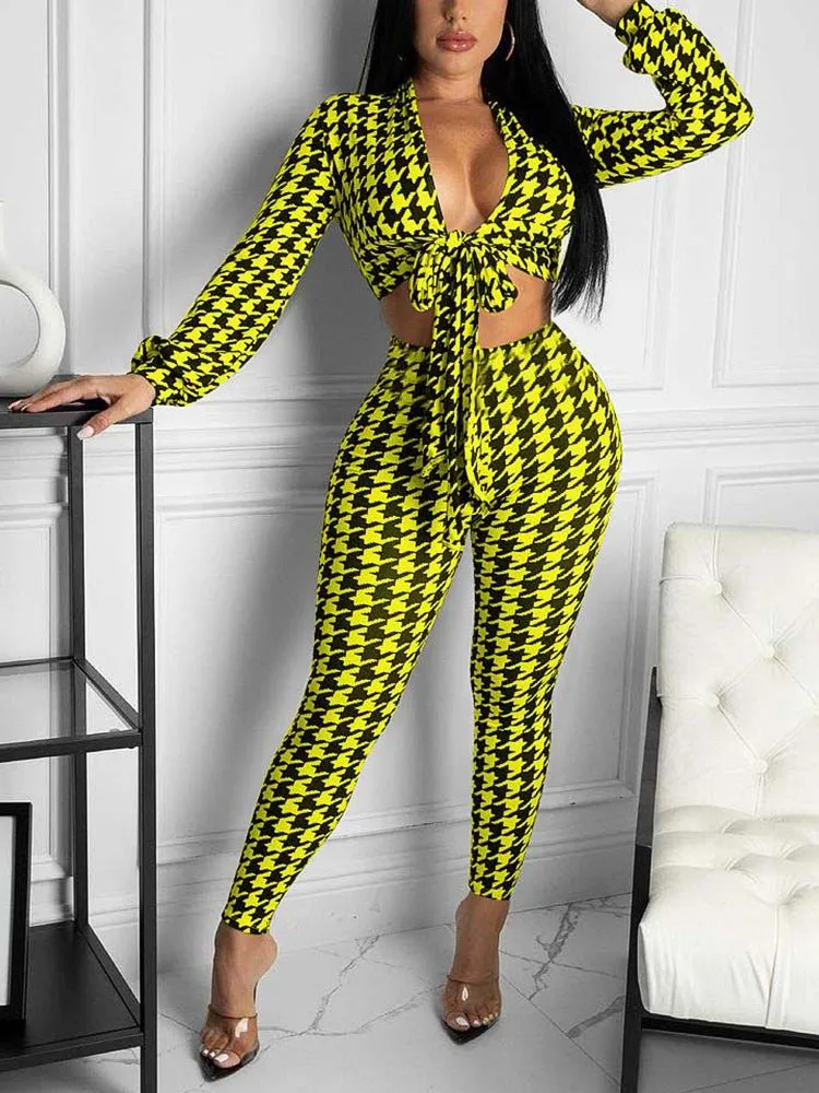 Sets Elegant Slim Houndstooth Print Two-piece Set for Women