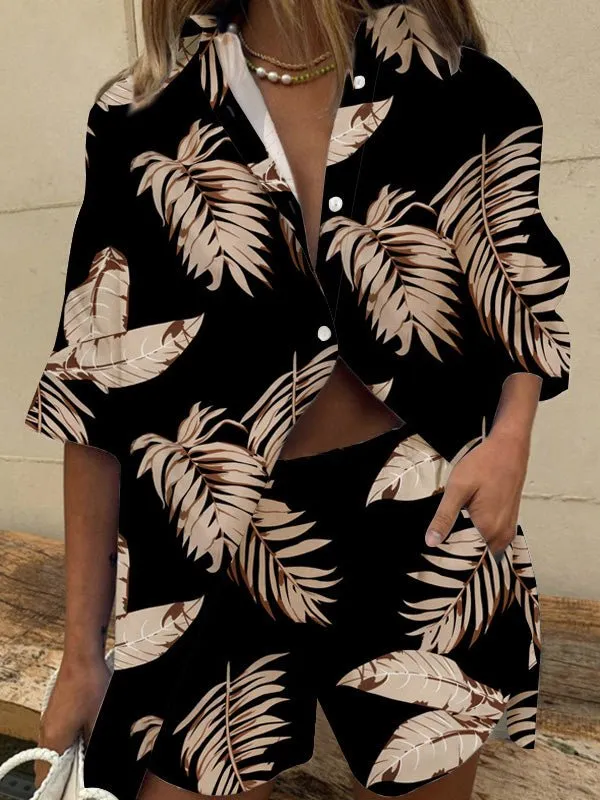 Sets Leaf Print Short Sleeve Shirt & Shorts Two-Piece Set for Women