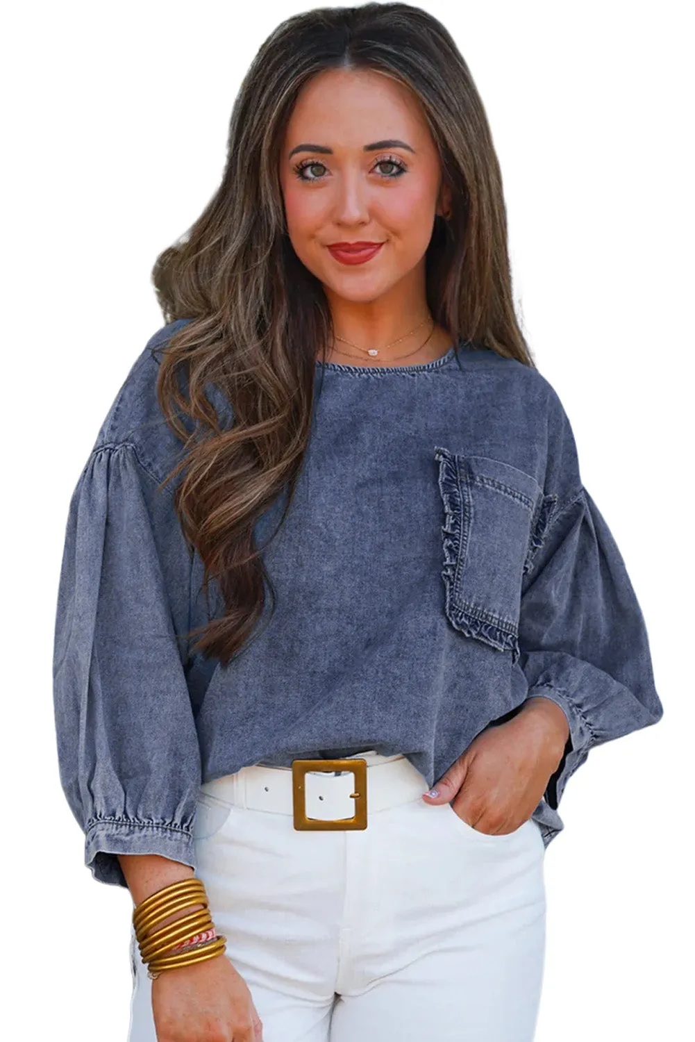 Sky Blue Frill Trim Puff Sleeve Pocket Denim Top