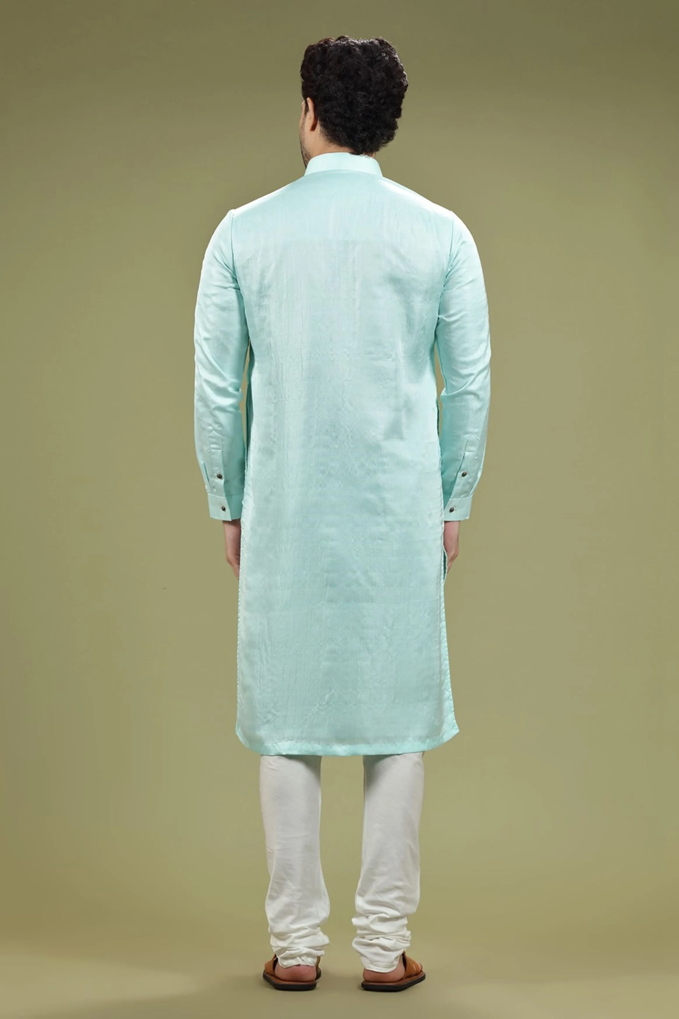 Sky Blue Solid Linen Kurta Set Designed by Kora (Nilesh Mitesh)