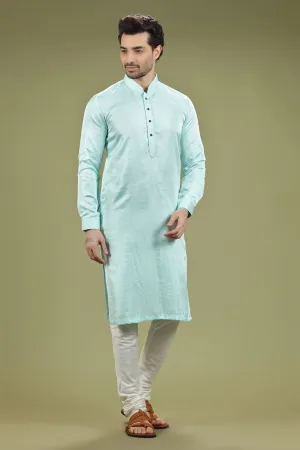 Sky Blue Solid Linen Kurta Set Designed by Kora (Nilesh Mitesh)