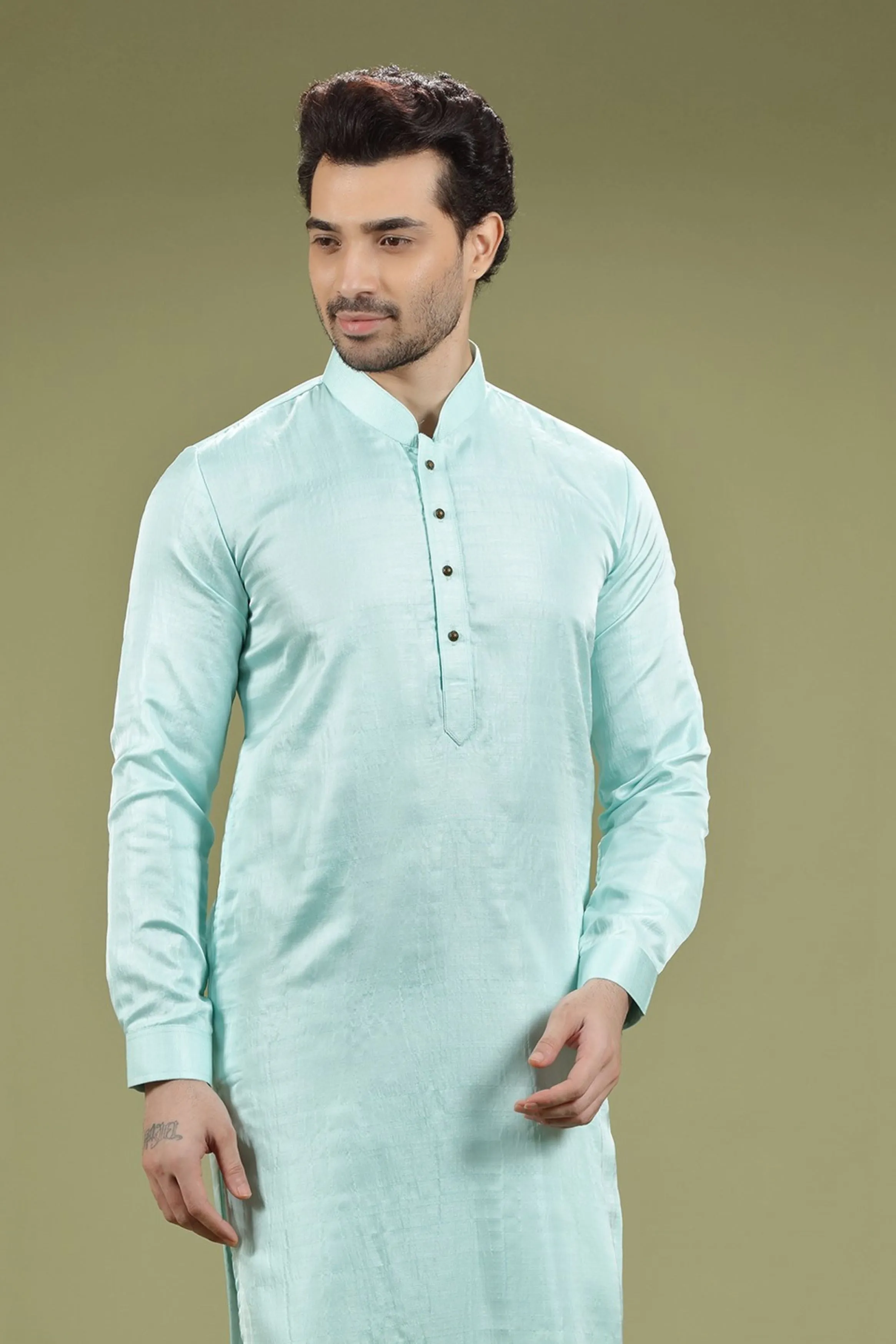 Sky Blue Solid Linen Kurta Set Designed by Kora (Nilesh Mitesh)