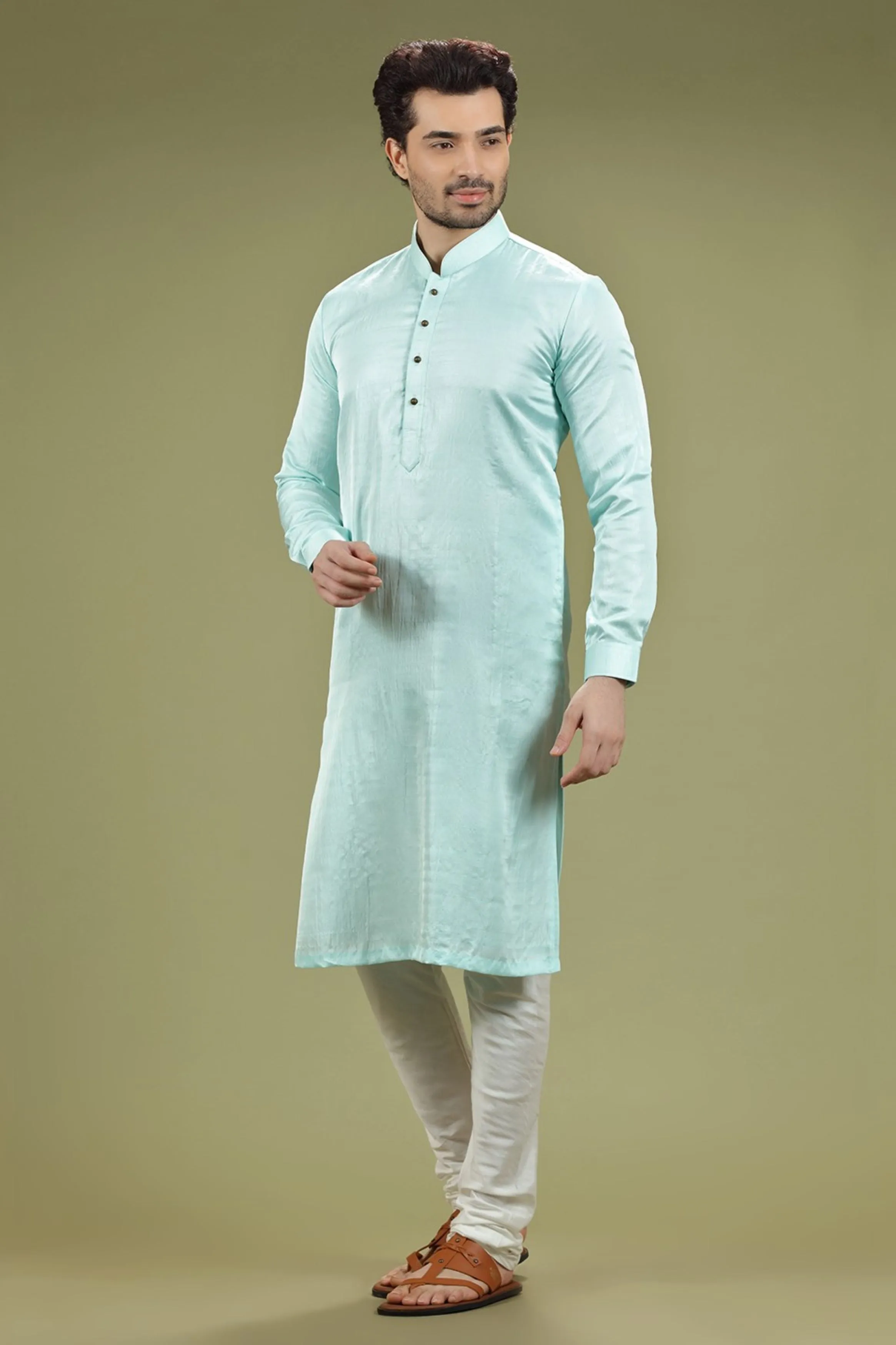 Sky Blue Solid Linen Kurta Set Designed by Kora (Nilesh Mitesh)