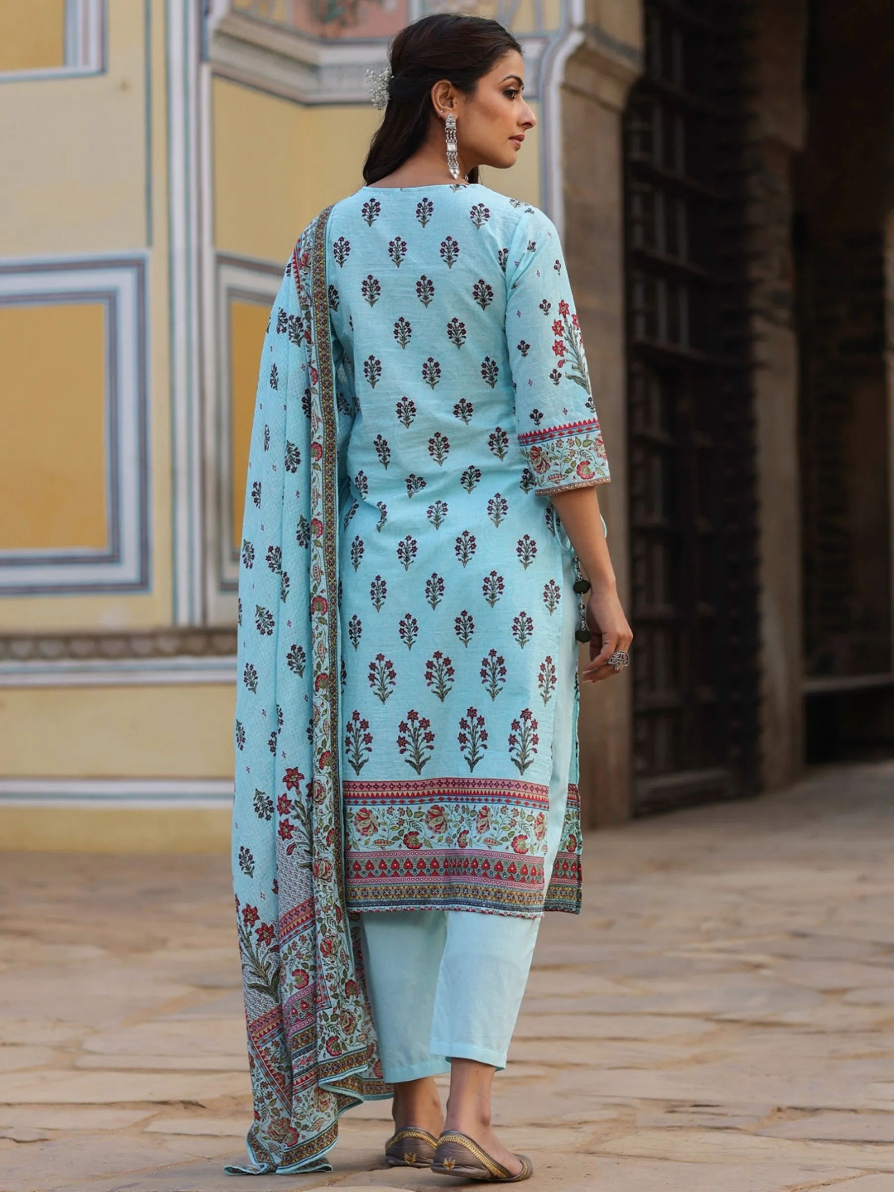 Skyblue Cambric Printed Straight Kurta Sets