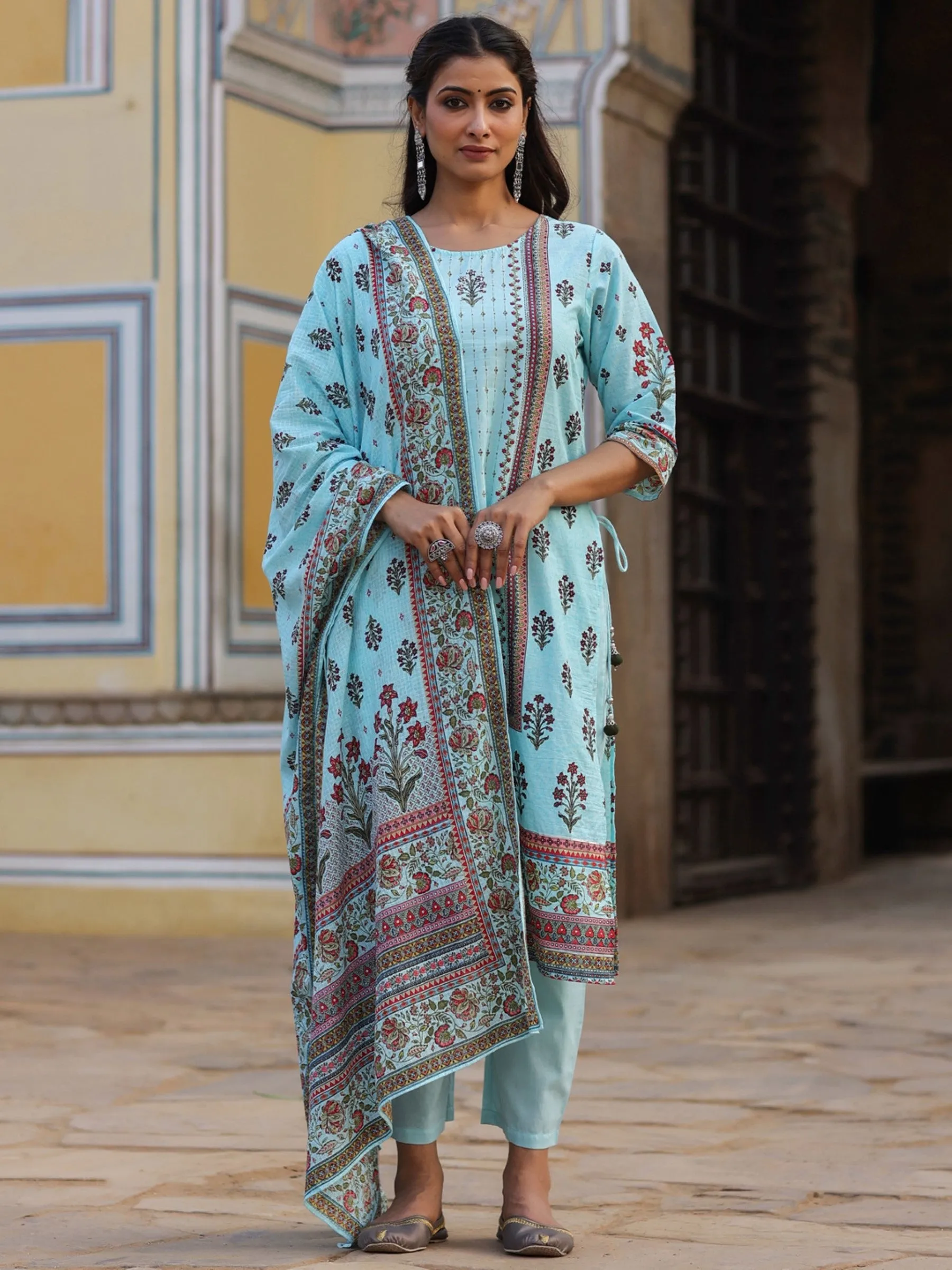 Skyblue Cambric Printed Straight Kurta Sets