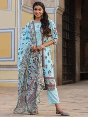 Skyblue Cambric Printed Straight Kurta Sets