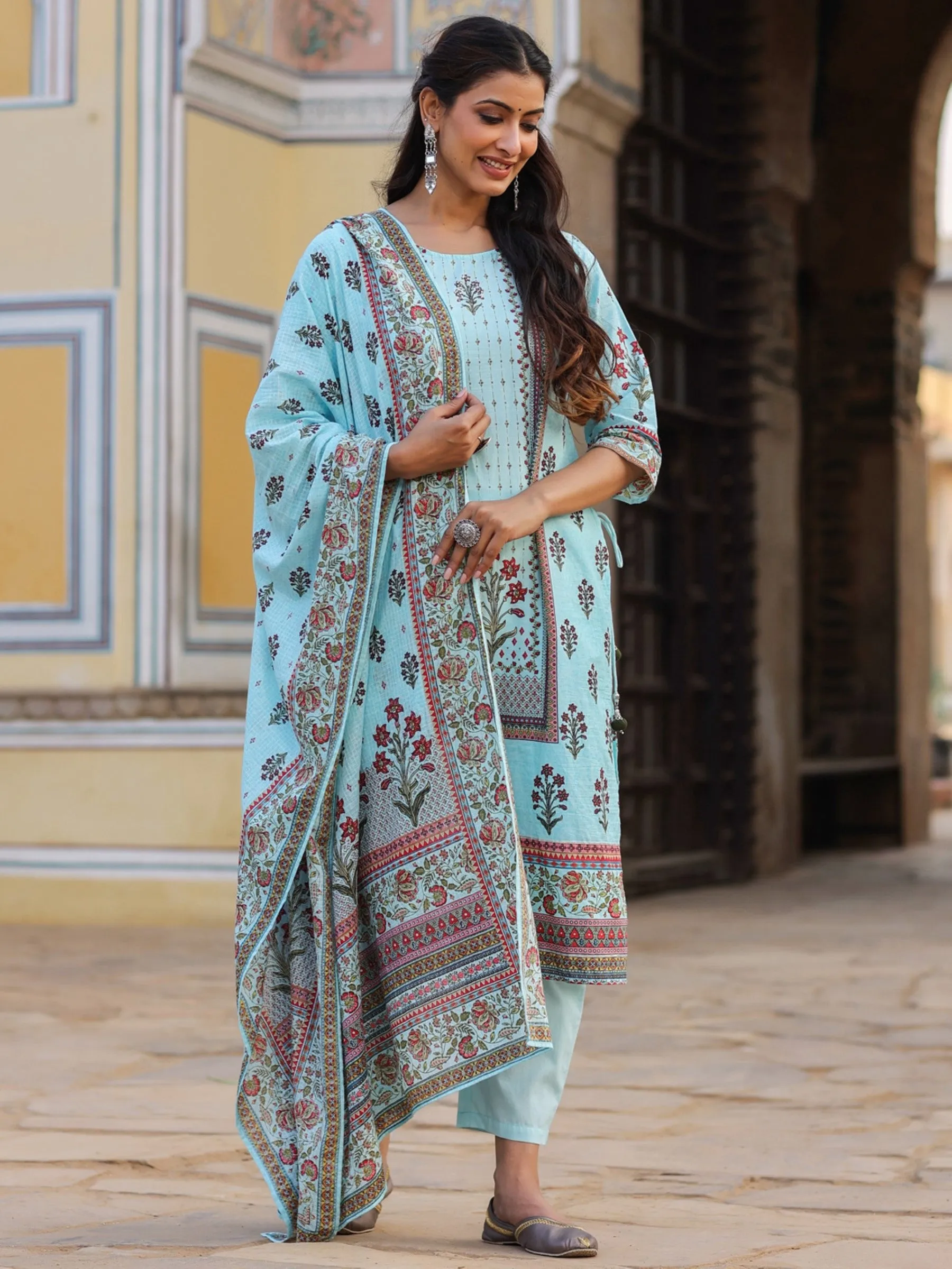 Skyblue Cambric Printed Straight Kurta Sets