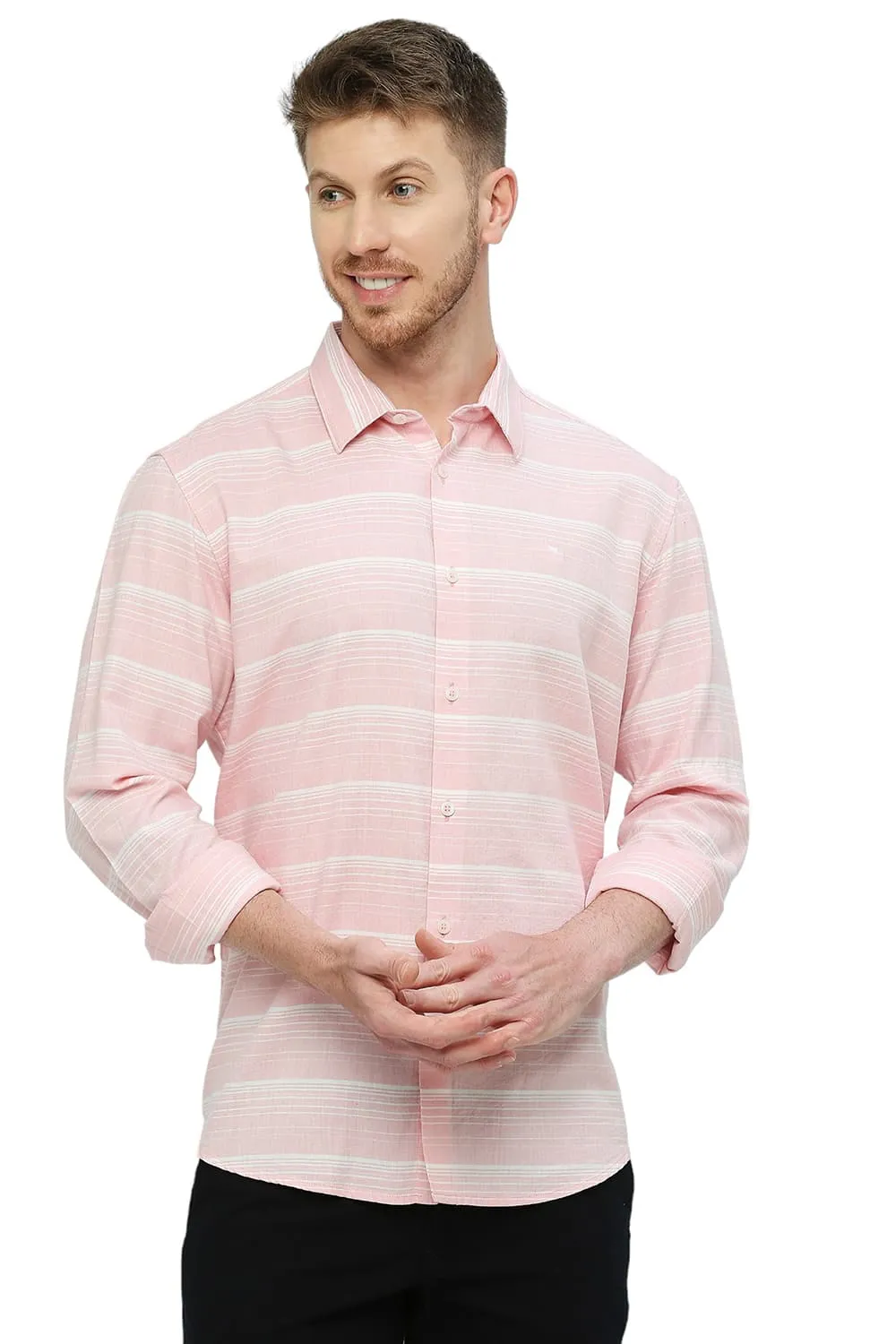 Slim Fit Cotton Tencel Weft Herringbone Stripe Shirt