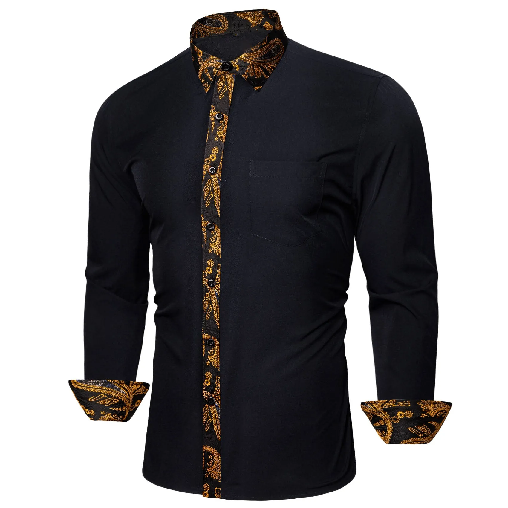 Splicing Style Black with Gold Paisley Flower Edge Men's Long Sleeve Shirt