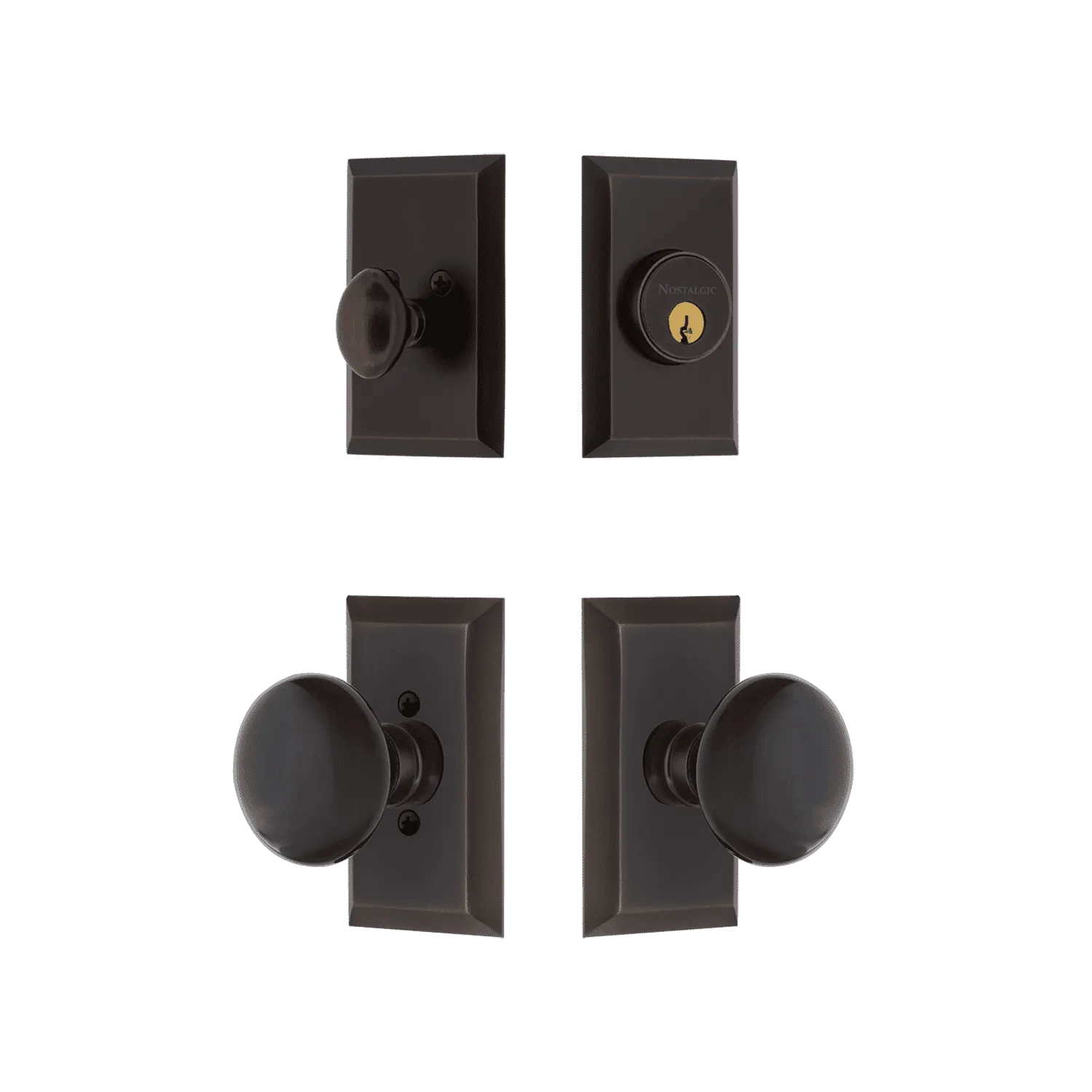 Studio Entry Set with Black Porcelain Knob in Timeless Bronze