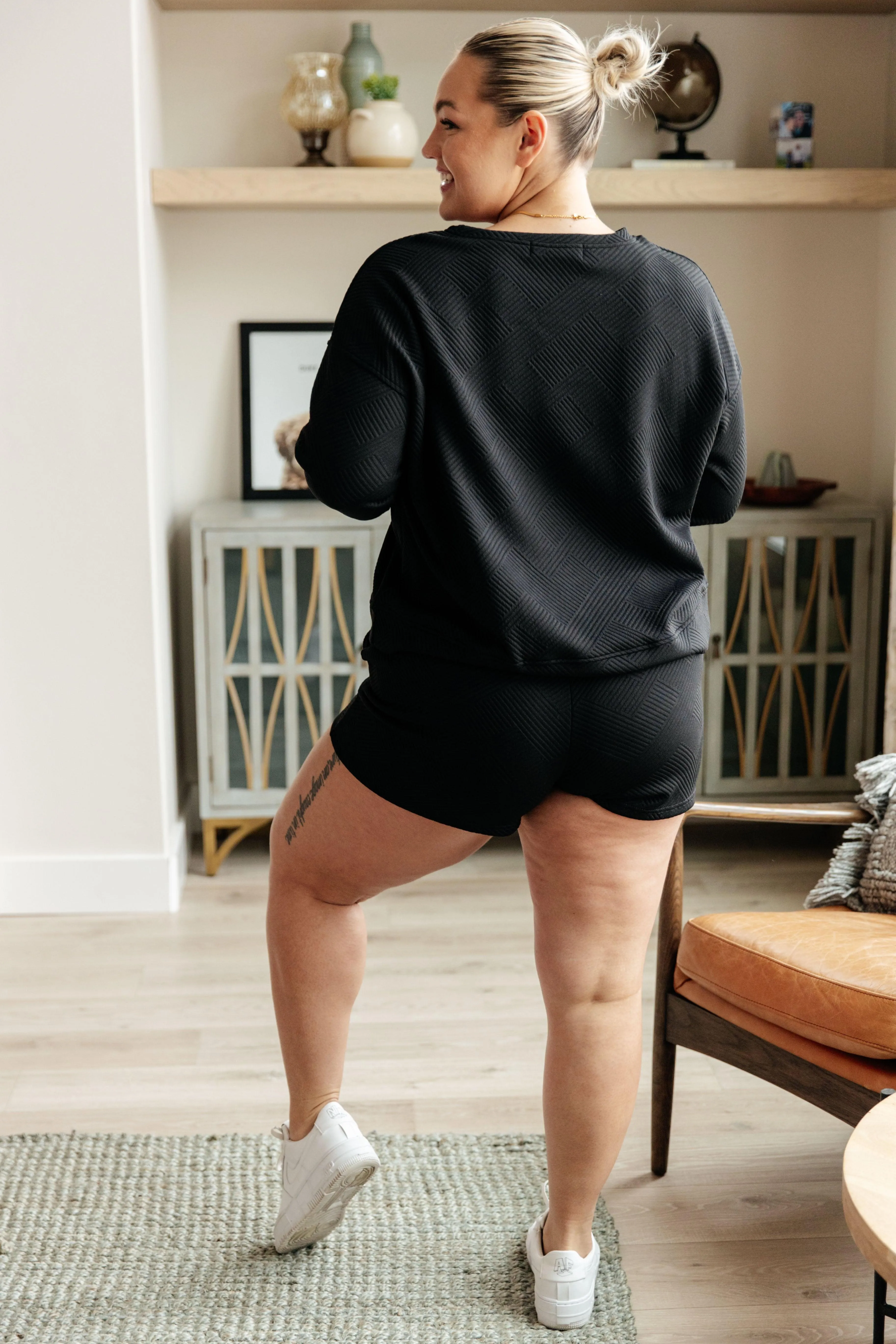 Textured Black Sweatshirt and Shorts Set