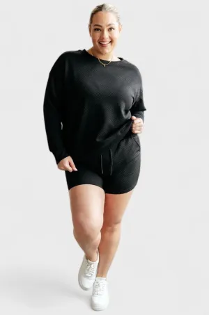 Textured Black Sweatshirt and Shorts Set