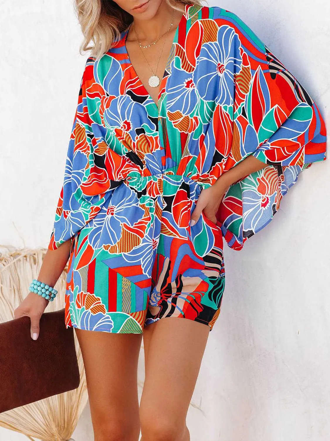 Tied Printed Kimono Sleeve Romper