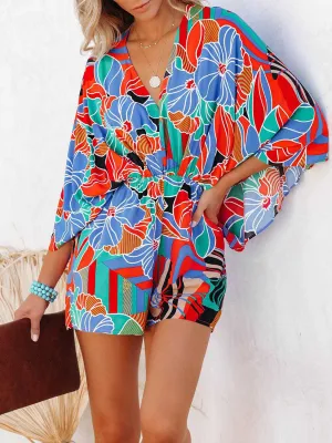 Tied Printed Kimono Sleeve Romper