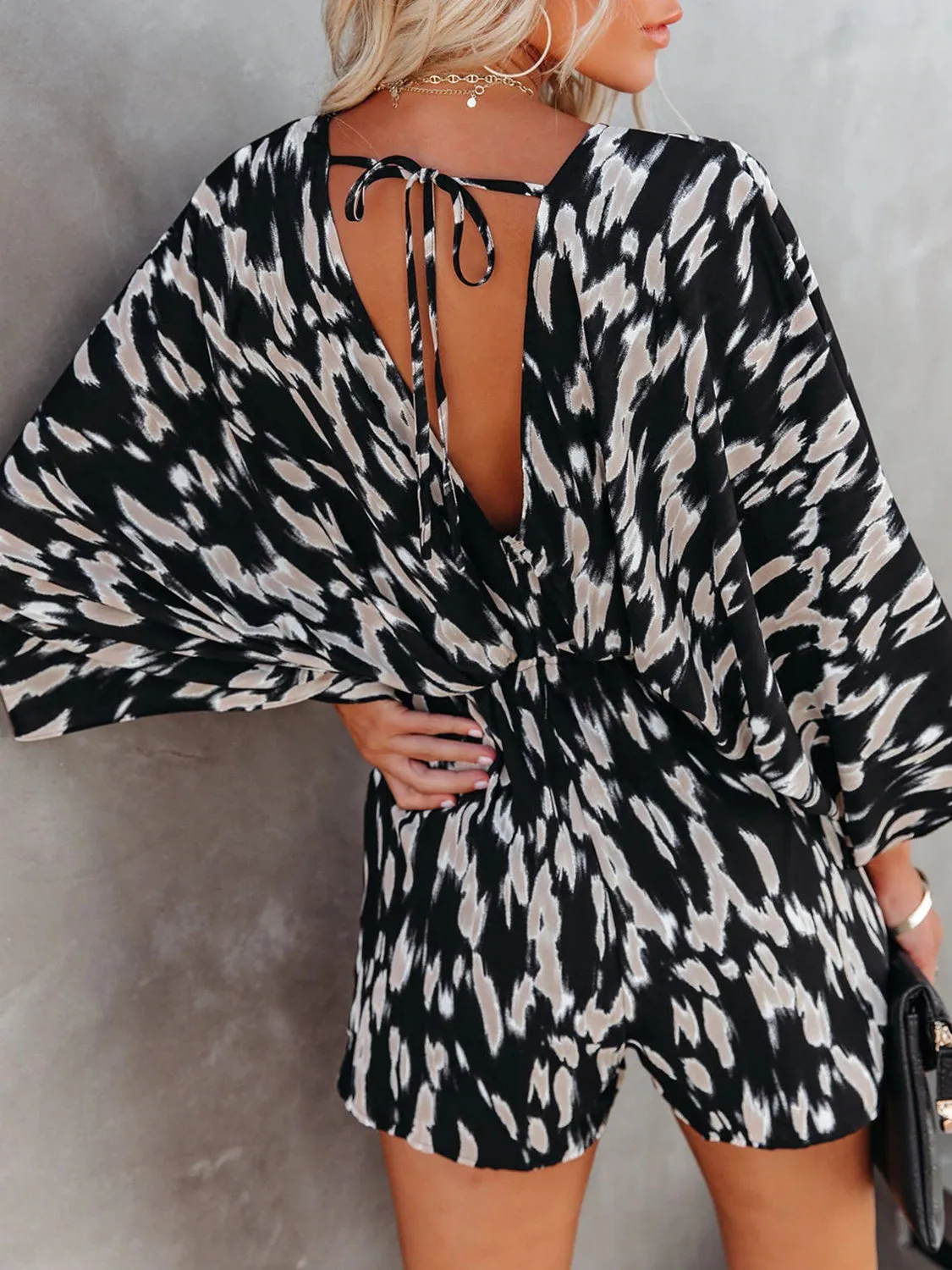 Tied Printed Kimono Sleeve Romper