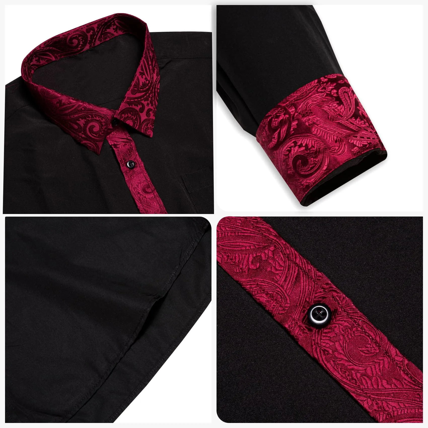 Ties2you Dress Shirt Black Solid Splicing Maroon Button Down Long Sleeve Shirts for Men