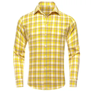 Ties2you Men's Shirt Yellow White Plaid Men's Silk Long Sleeve Shirt