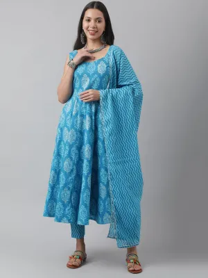 Turquoise Blue Floral Cotton Anarkali Kurta Pant Set With Dupatta