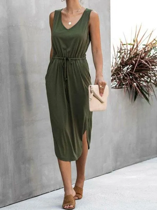 V-neck Solid Color Irregular Waist Round Neck Vest Dress