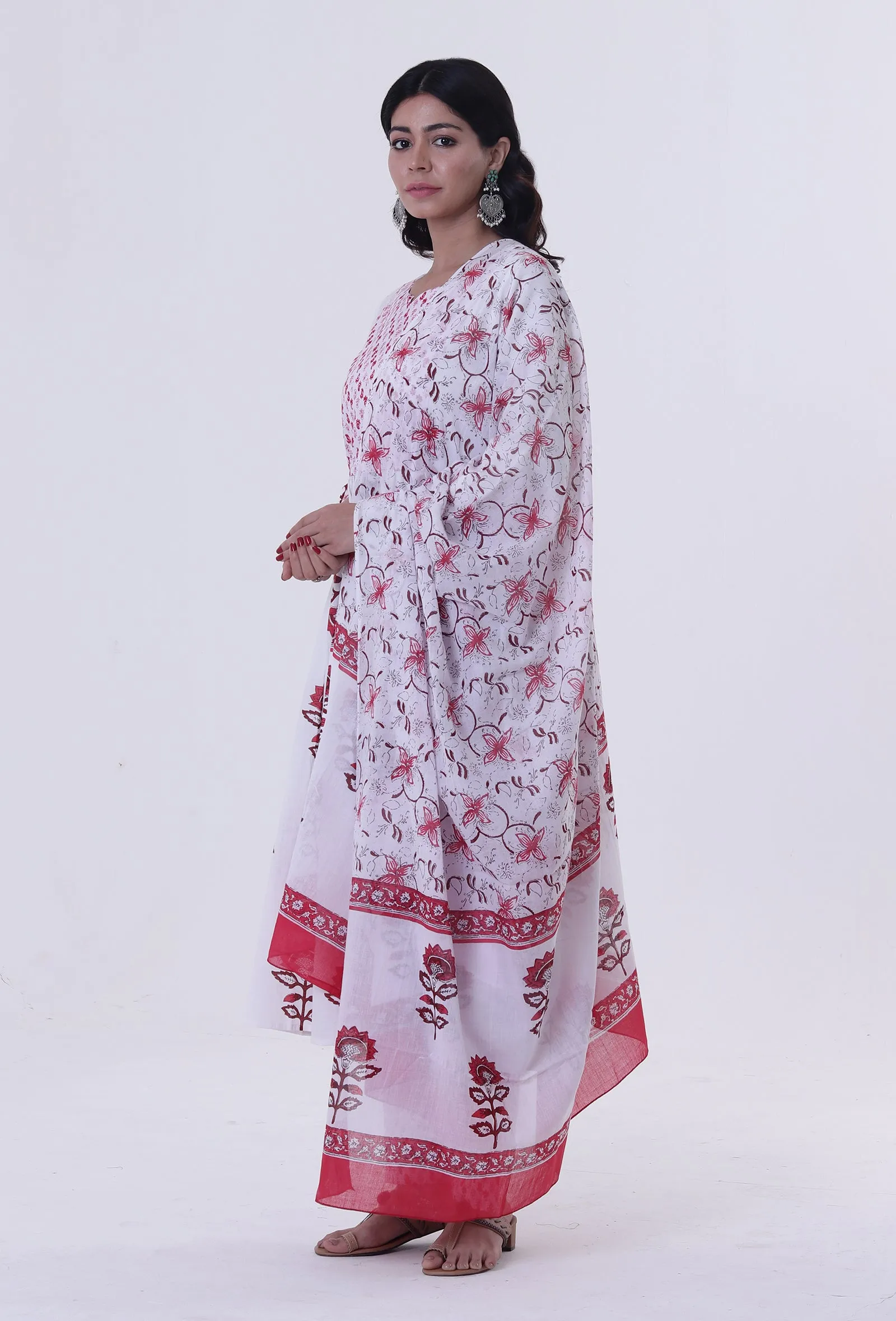 White Cotton Block Printed With Red Motif Dupatta