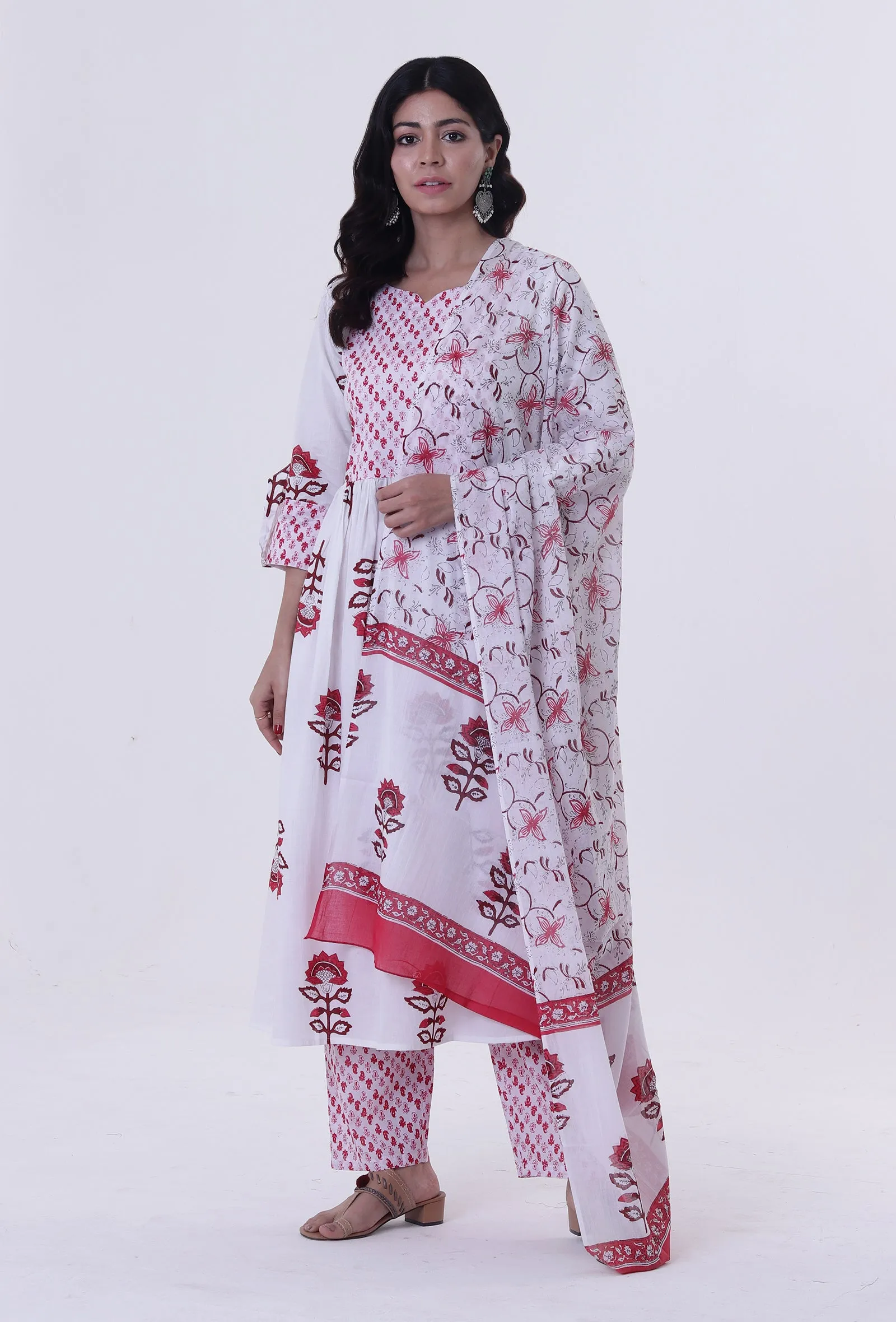 White Cotton Block Printed With Red Motif Dupatta