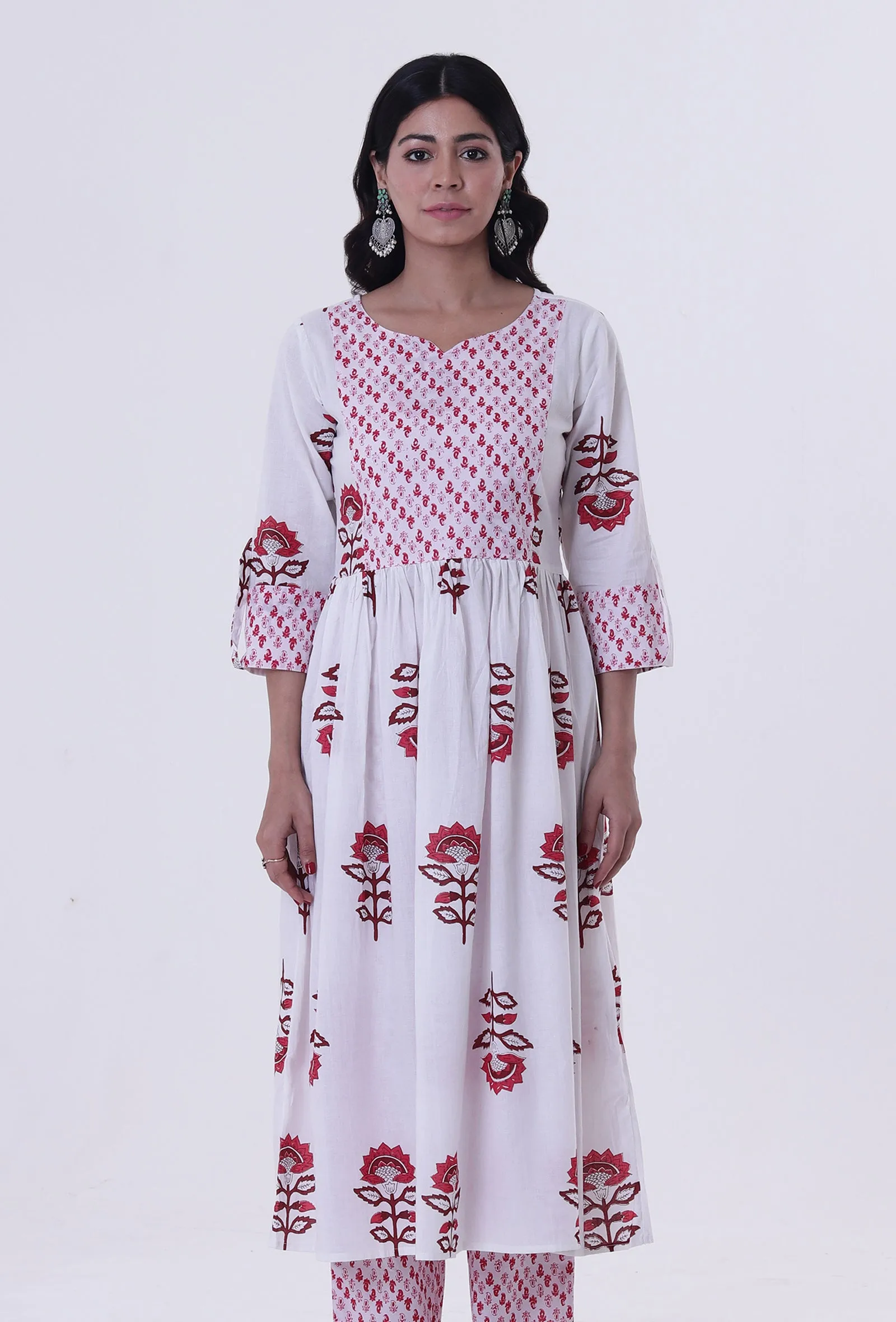 White Cotton Block Printed With Red Motif Kurta