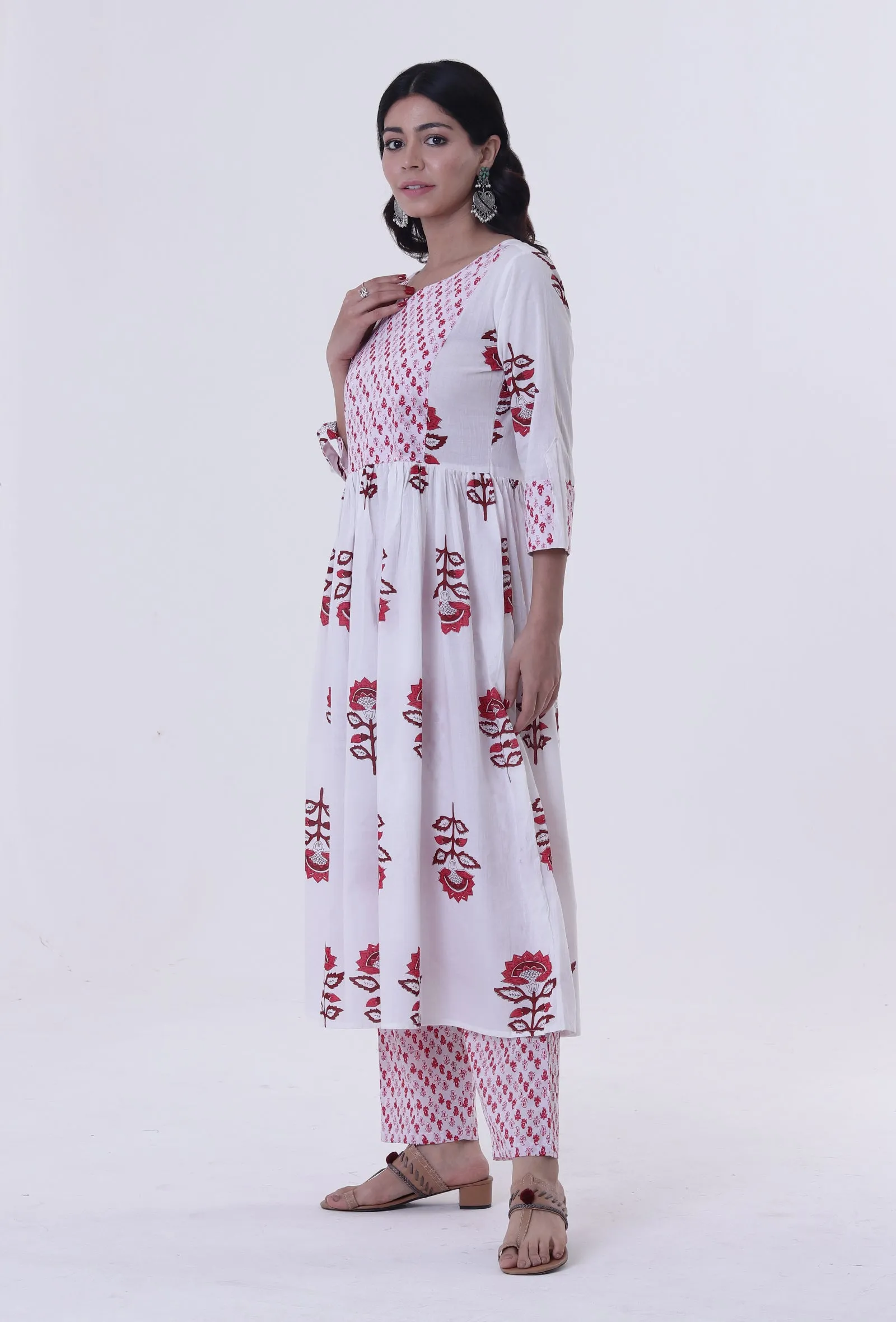 White Cotton Block Printed With Red Motif Kurta