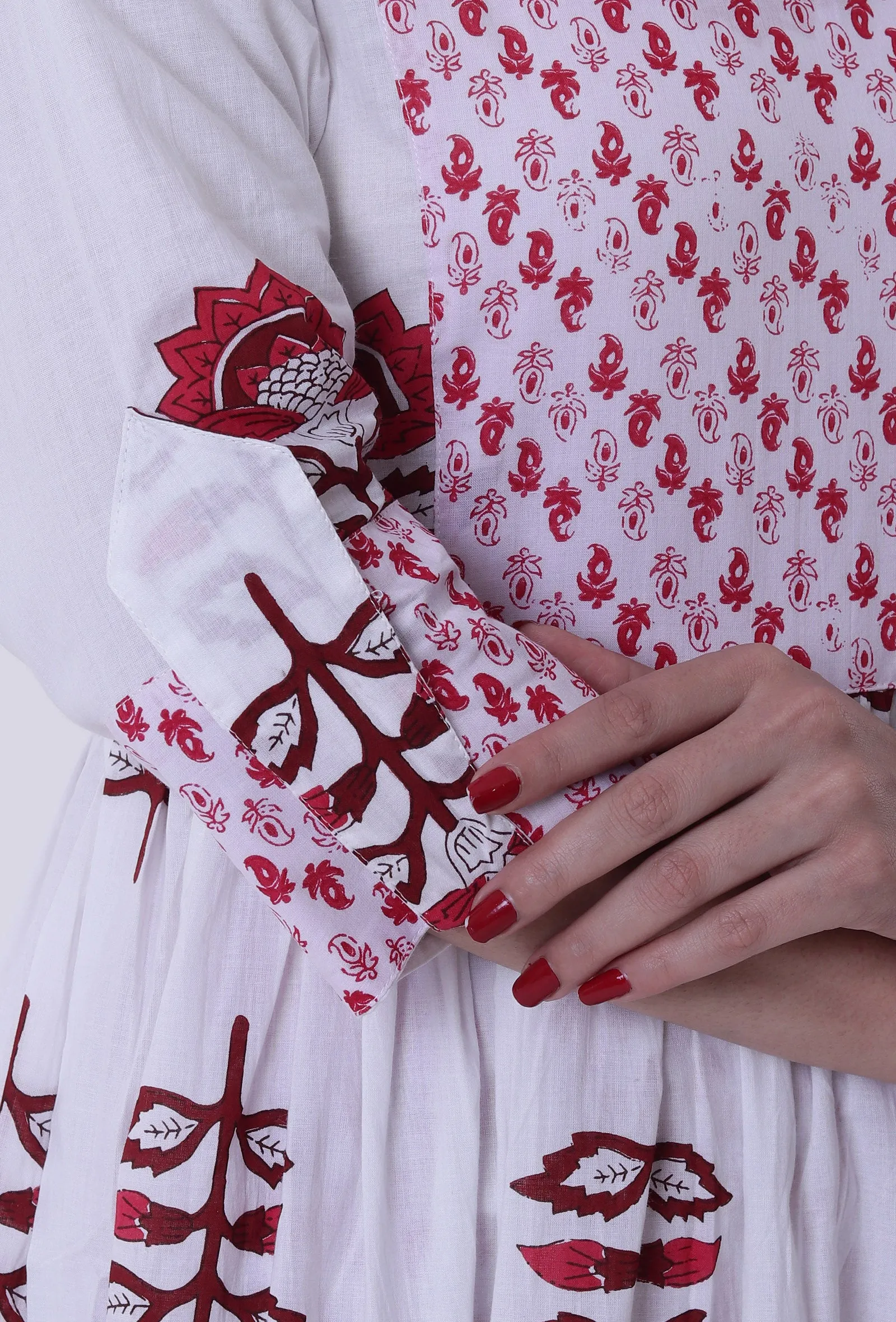 White Cotton Block Printed With Red Motif Kurta