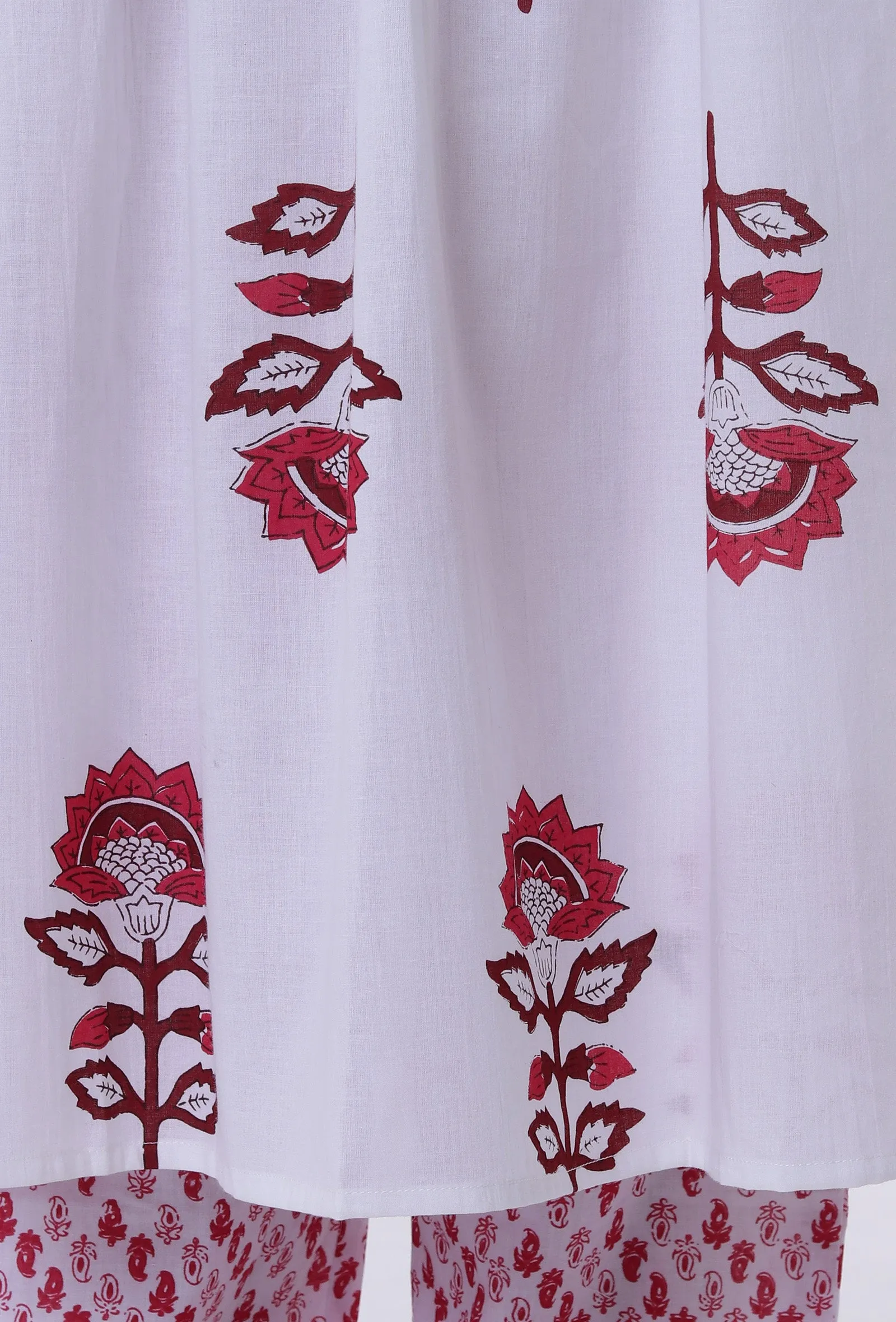 White Cotton Block Printed With Red Motif Kurta