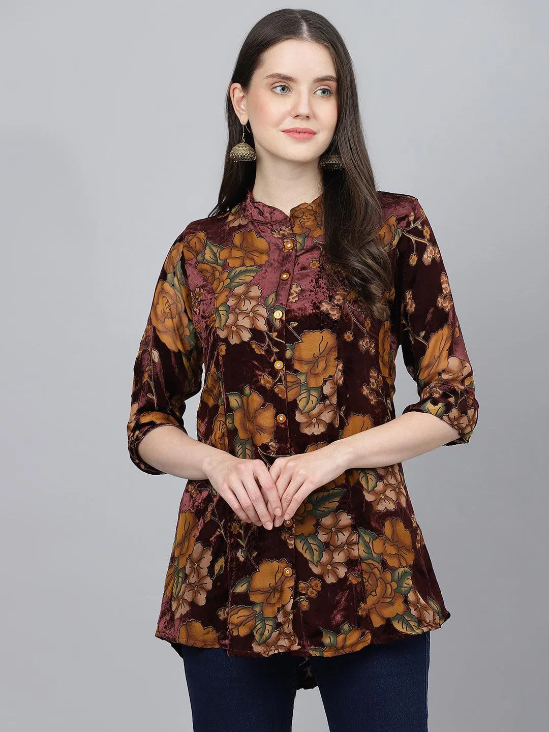 Wine Floral Burn Out Velvet A-Line Shirts Style Top