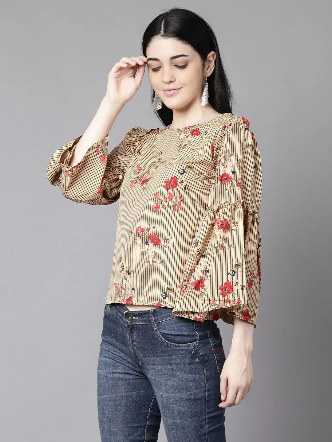 Women Beige Casual Printed Boat Neck Top