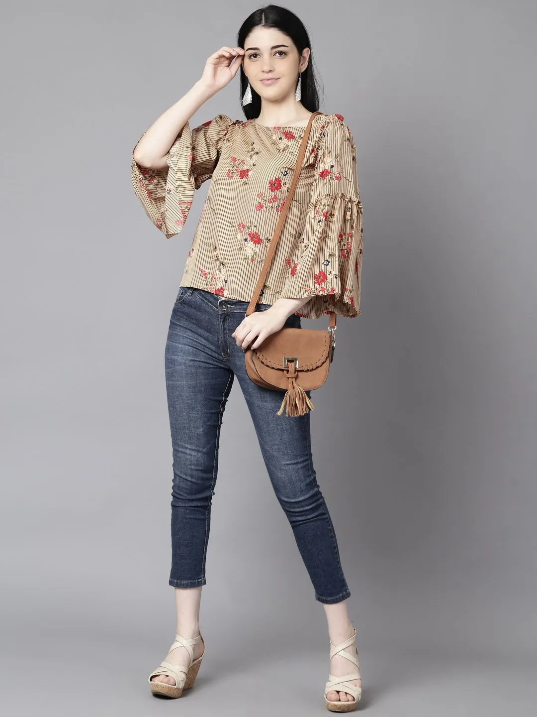 Women Beige Casual Printed Boat Neck Top