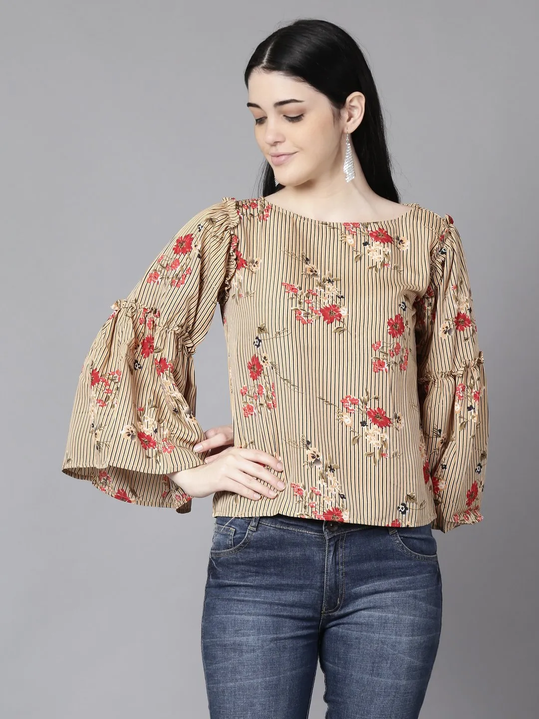 Women Beige Casual Printed Boat Neck Top