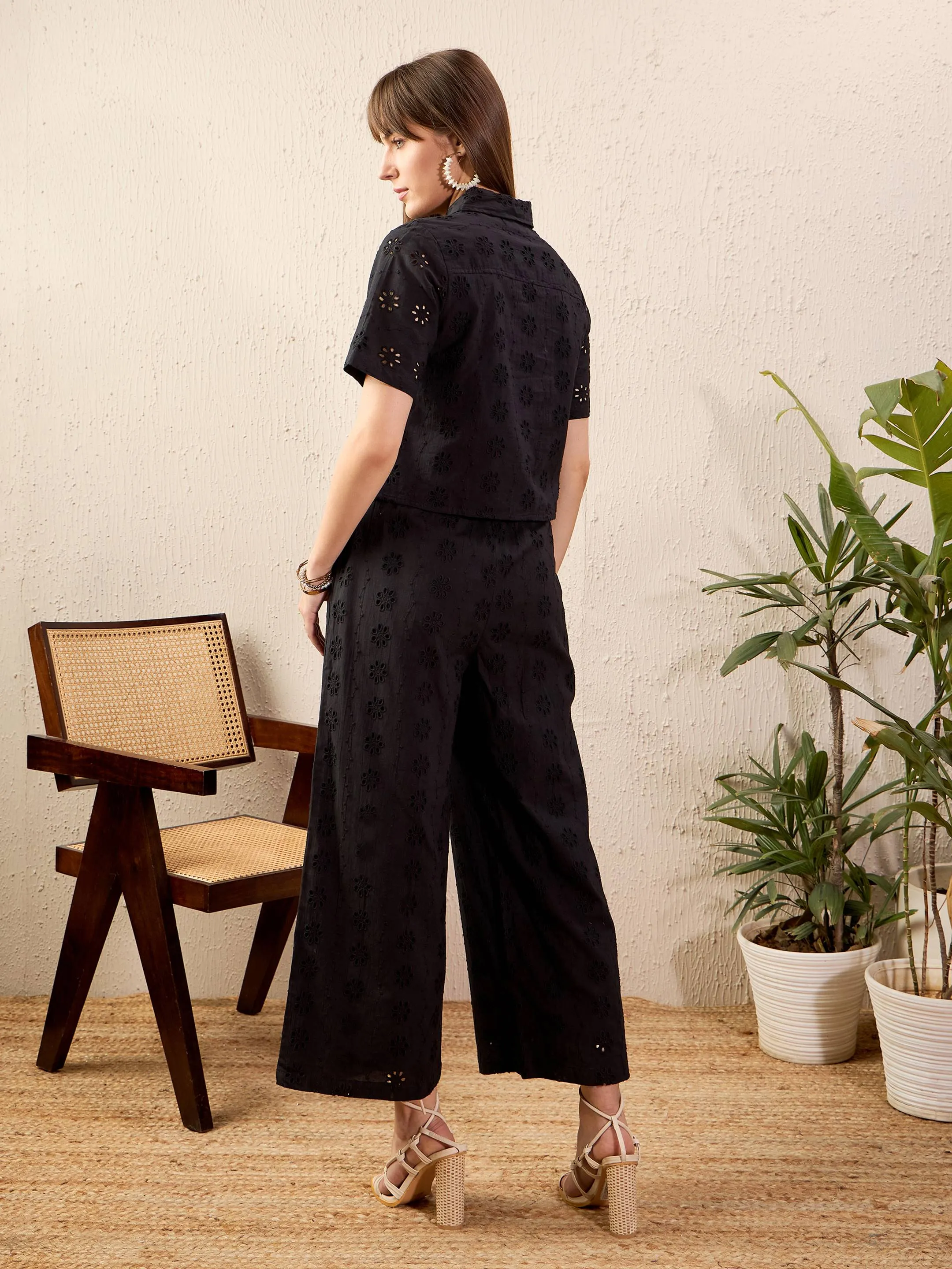 Women Black Schiffli Crop Shirt With Wide Leg Pants