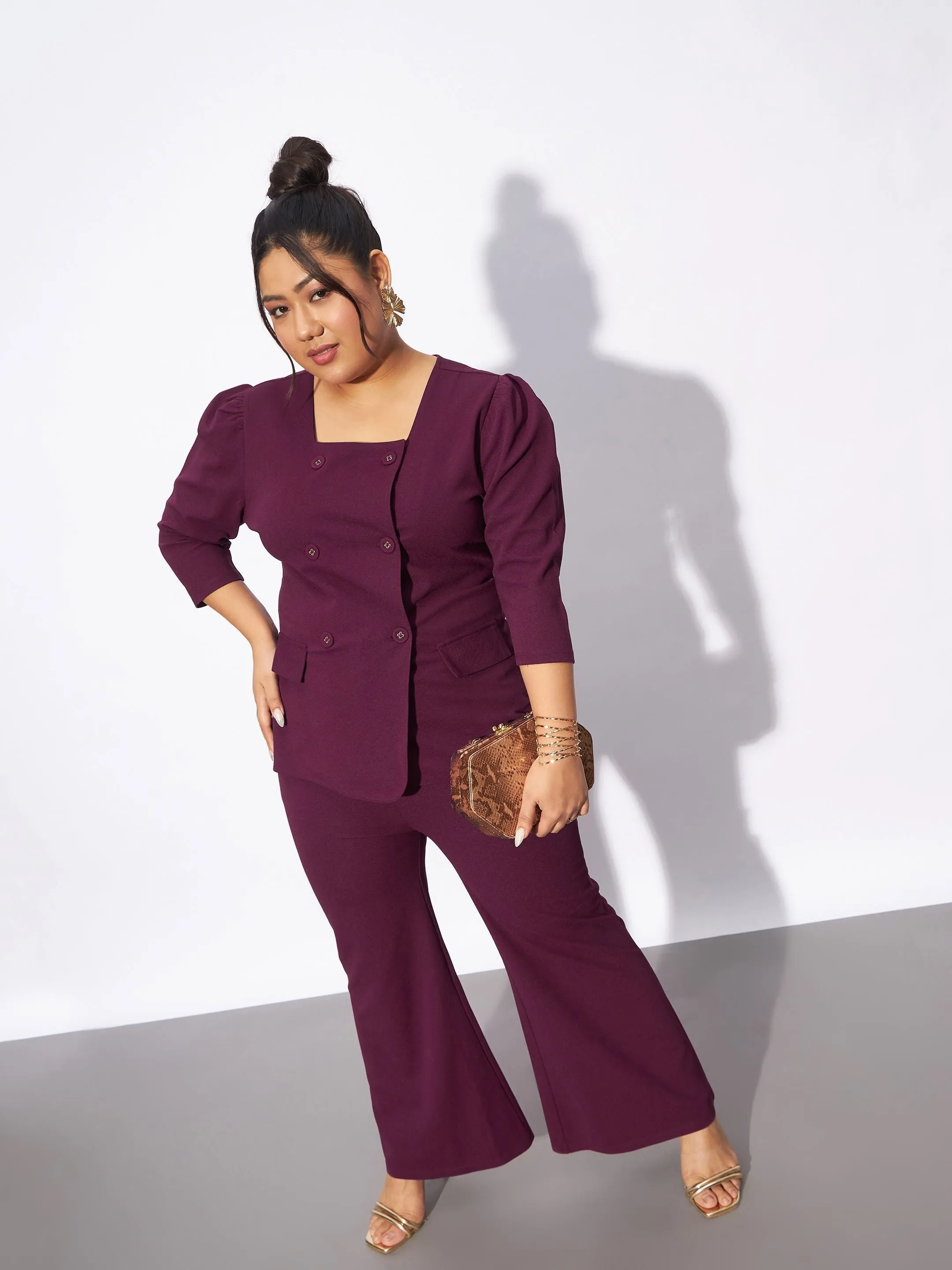 Women Burgundy Front Button Top With Straight Pants